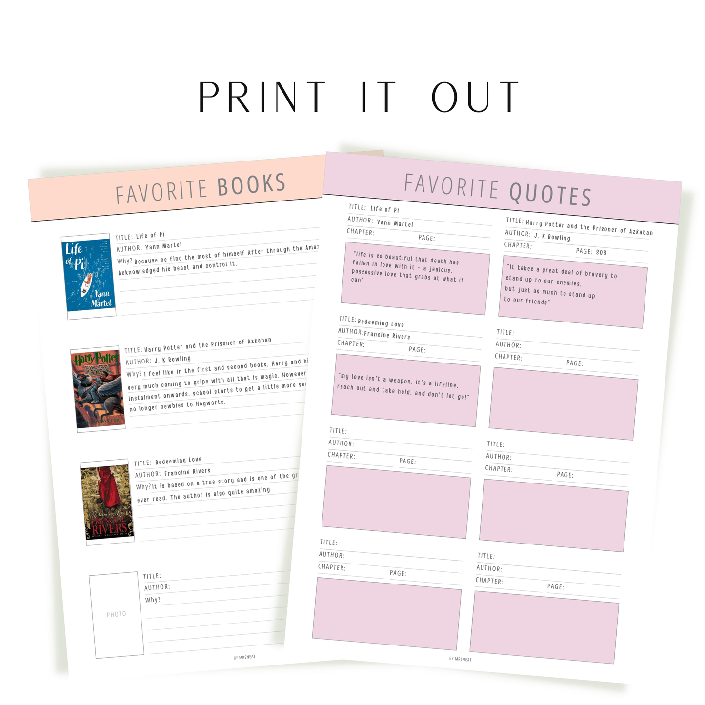 Favorite Books & Quotes Template Printable