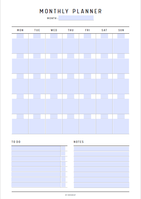 Monthly planner with a Fillable light blue grid layout on a white background