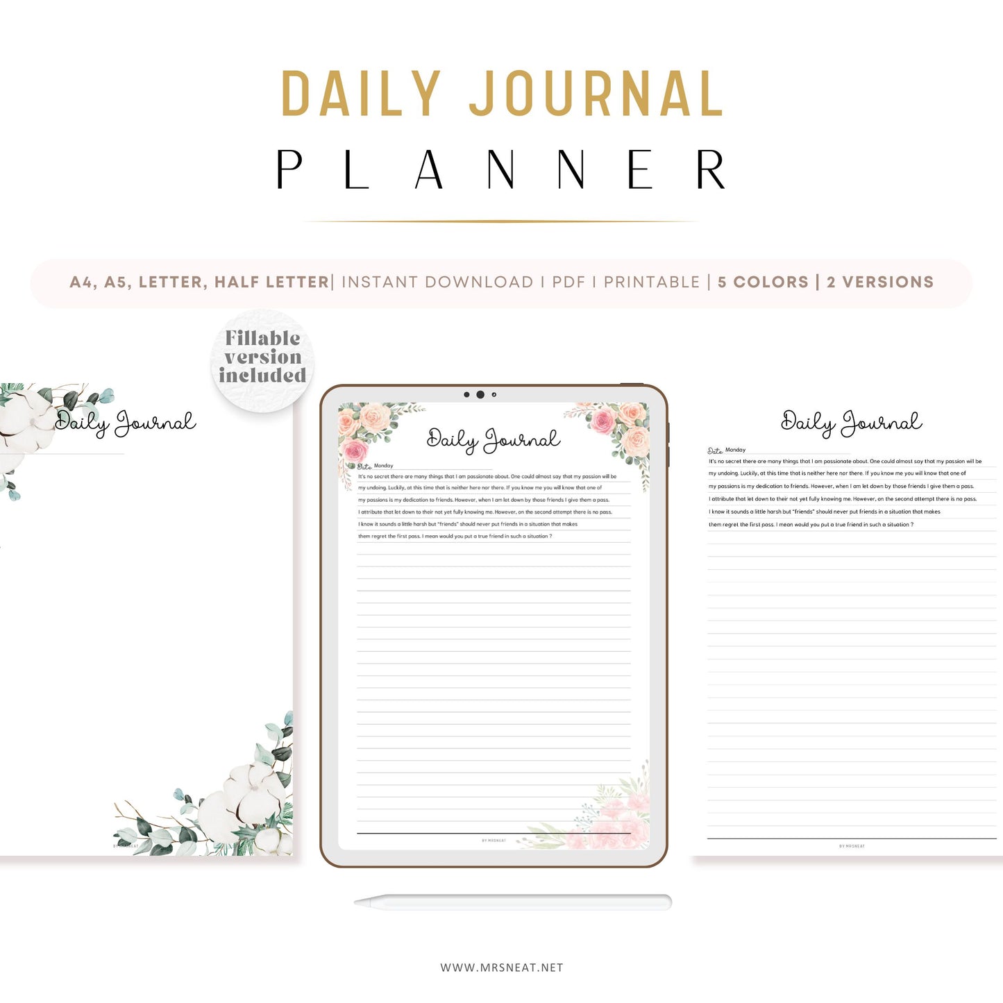 Fillable Daily Journal, PRINTABLE Journal Page, Printable Planner Page,  Daily Diary Page, Diary Journal, Printable Diary, Daily Reflection Note, 2 Versions (Lined and Unlined), 5 Colors, Floral Theme, A4, A5, Letter, Half Letter, PDF Fillable, Digital Planner