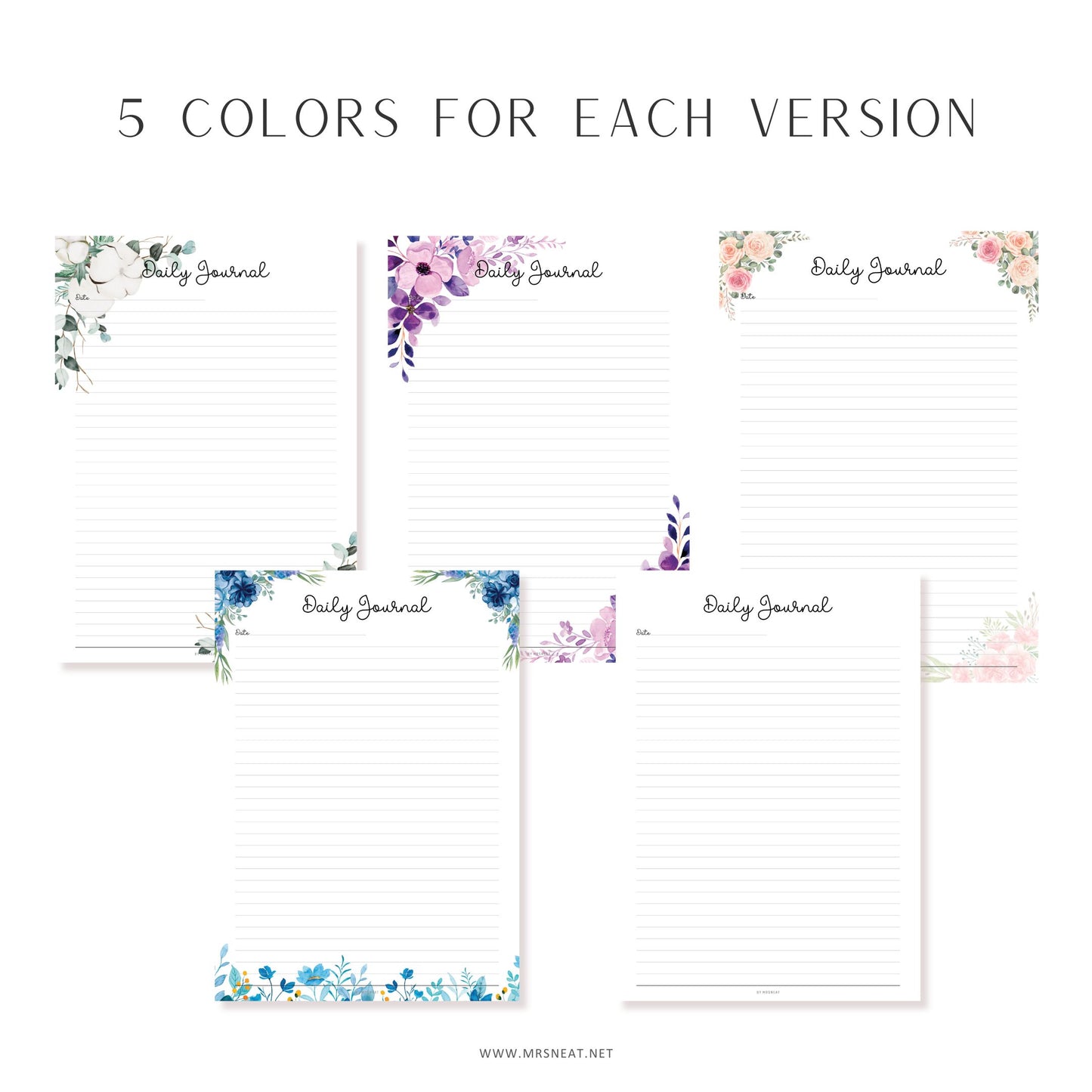 Fillable Daily Journal, PRINTABLE Journal Page, Printable Planner Page,  Daily Diary Page, Diary Journal, Printable Diary, Daily Reflection Note, 2 Versions (Lined and Unlined), 5 Colors, Floral Theme, A4, A5, Letter, Half Letter, PDF Fillable, Digital Planner