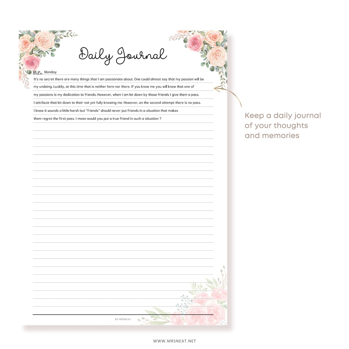 Fillable Daily Journal, PRINTABLE Journal Page, Printable Planner Page,  Daily Diary Page, Diary Journal, Printable Diary, Daily Reflection Note, 2 Versions (Lined and Unlined), 5 Colors, Floral Theme, A4, A5, Letter, Half Letter, PDF Fillable, Digital Planner