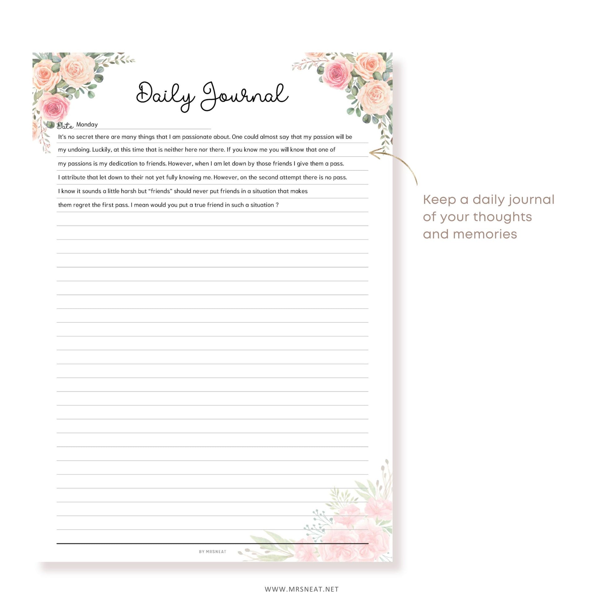 Fillable Daily Journal, PRINTABLE Journal Page, Printable Planner Page,  Daily Diary Page, Diary Journal, Printable Diary, Daily Reflection Note, 2 Versions (Lined and Unlined), 5 Colors, Floral Theme, A4, A5, Letter, Half Letter, PDF Fillable, Digital Planner