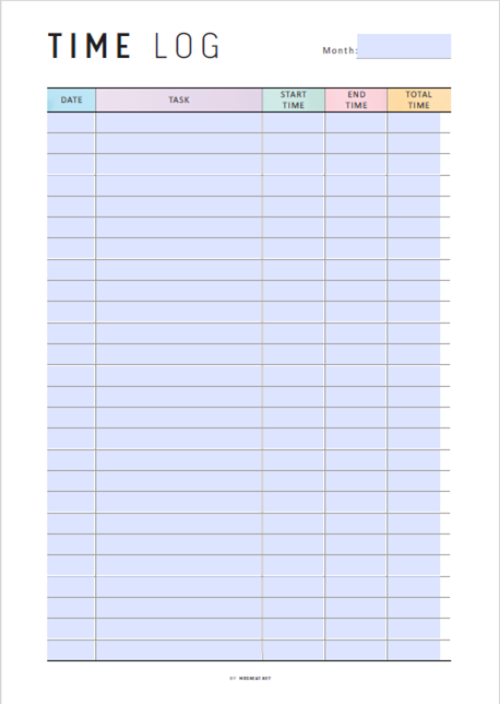 Time log sheet with columns for date, task, start time, end time, and total time.