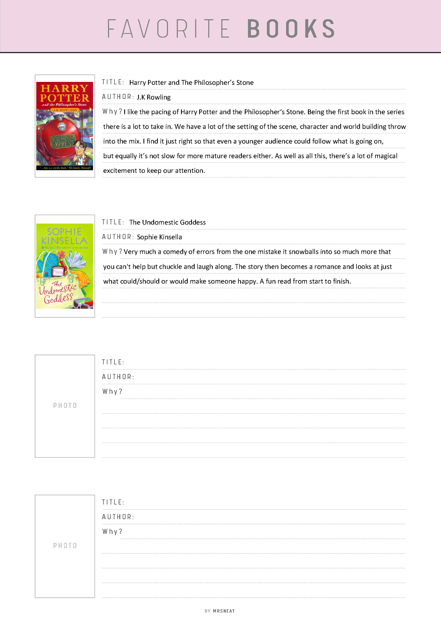 Sheet of paper with a list of favorite books, featuring 'Harry Potter and the Philosopher's Stone' and 'The Unfortunate Goddess'.