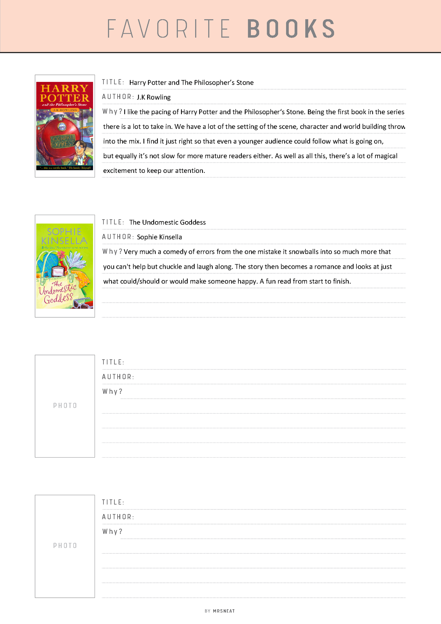 Sheet listing favorite books with images and brief descriptions.