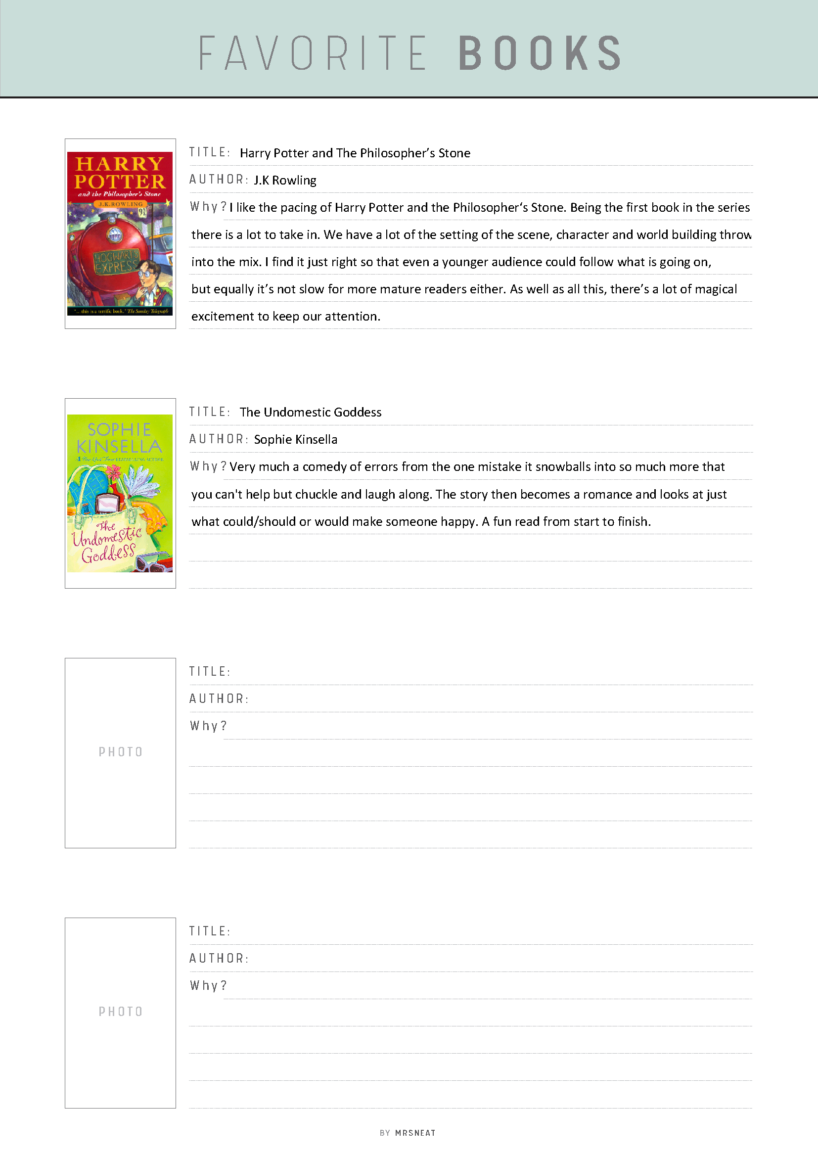 List of favorite books with book covers and brief descriptions on a light gray background