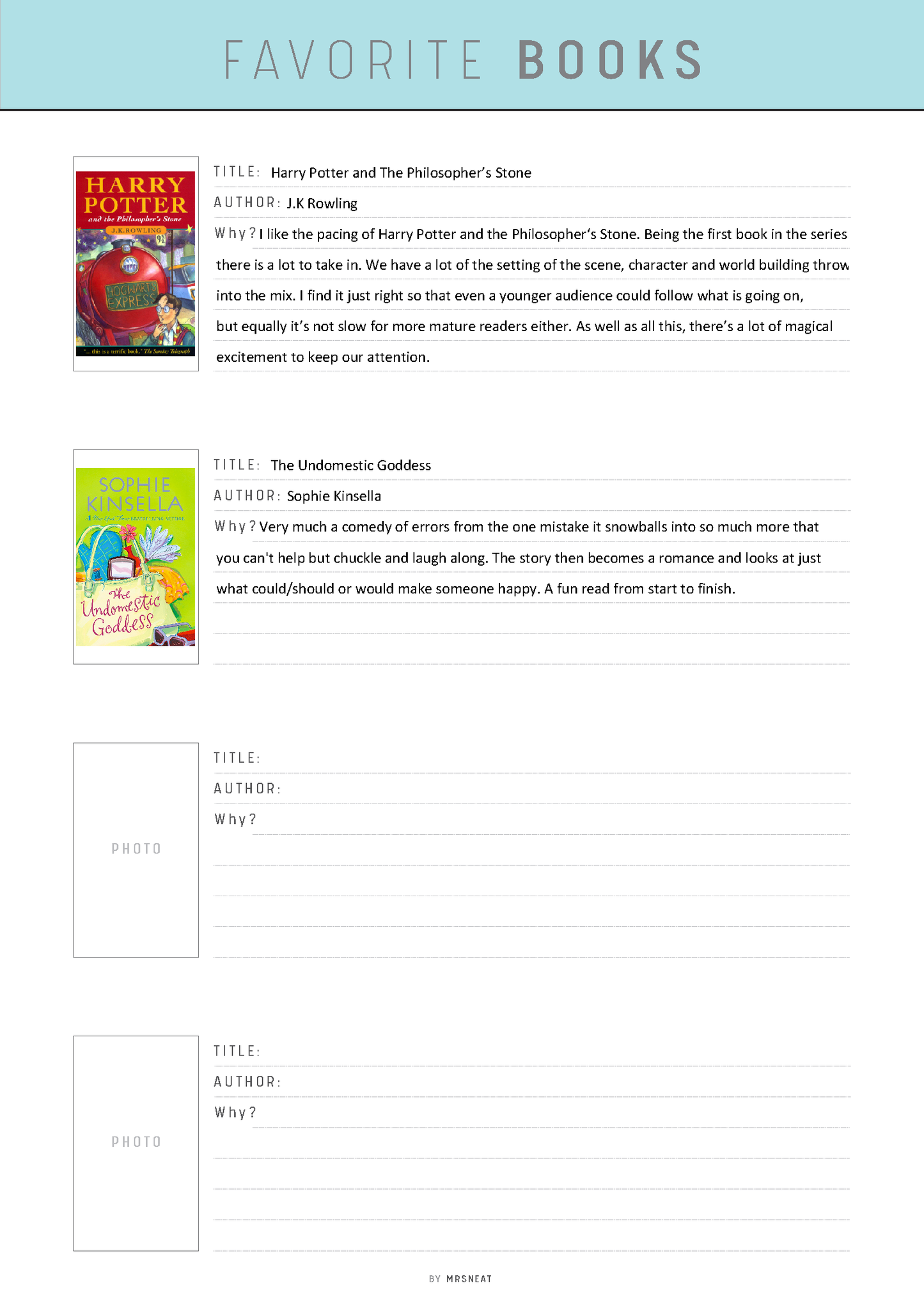 List of favorite books with book covers and brief descriptions on a light blue background