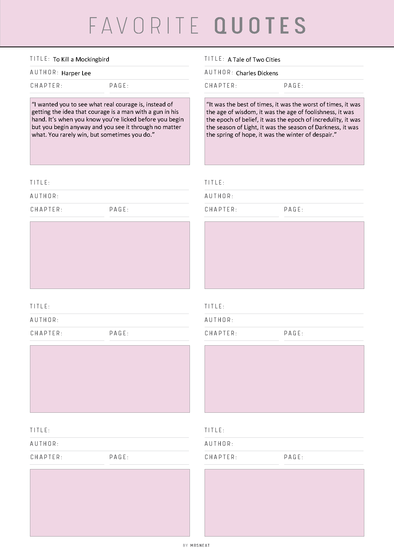Sheet of paper with pre-printed quotes from books like 'To Kill a Mockingbird' and 'A Tale of Two Cities'.