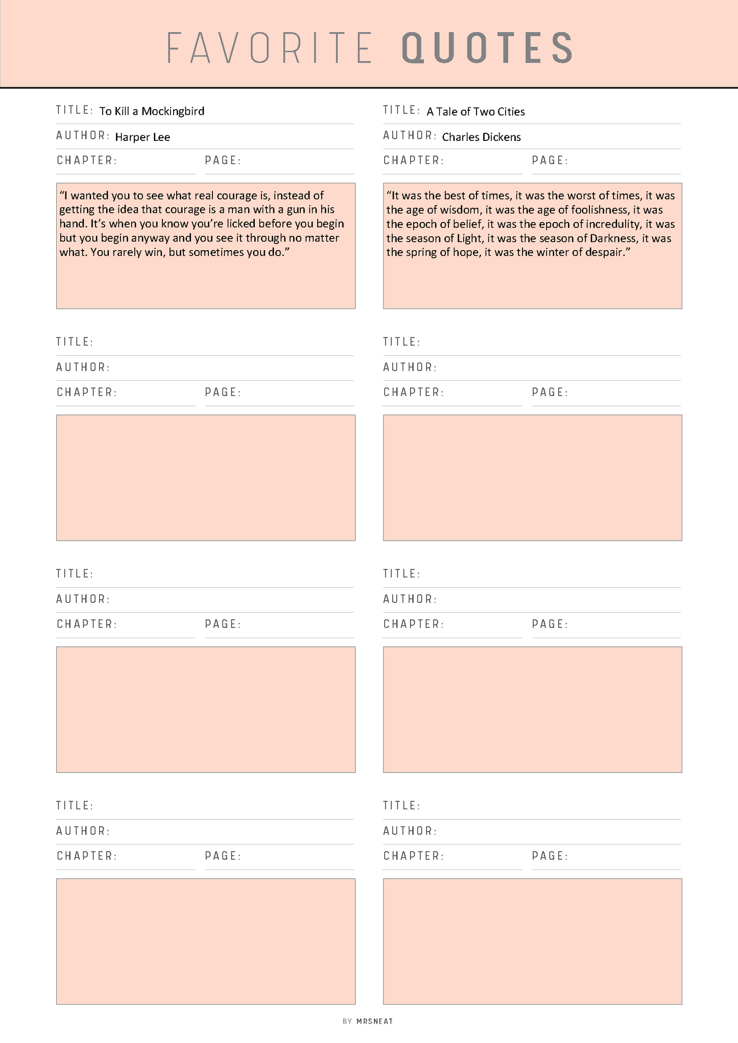 Sheet of paper with pre-printed favorite quotes on a pink background