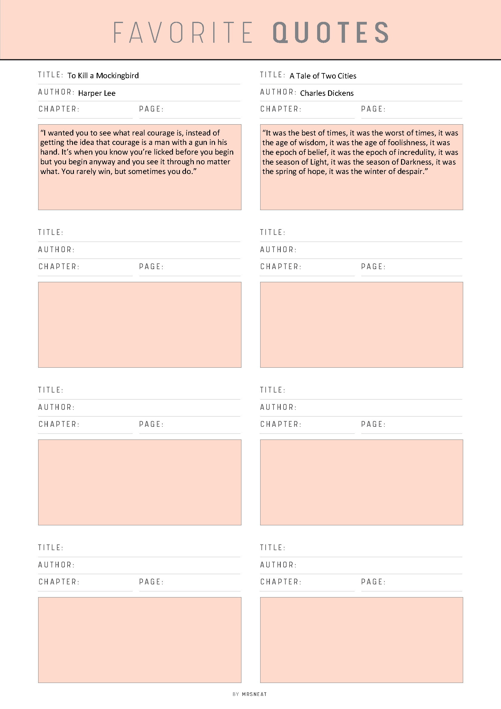 Sheet of paper with pre-printed favorite quotes on a pink background