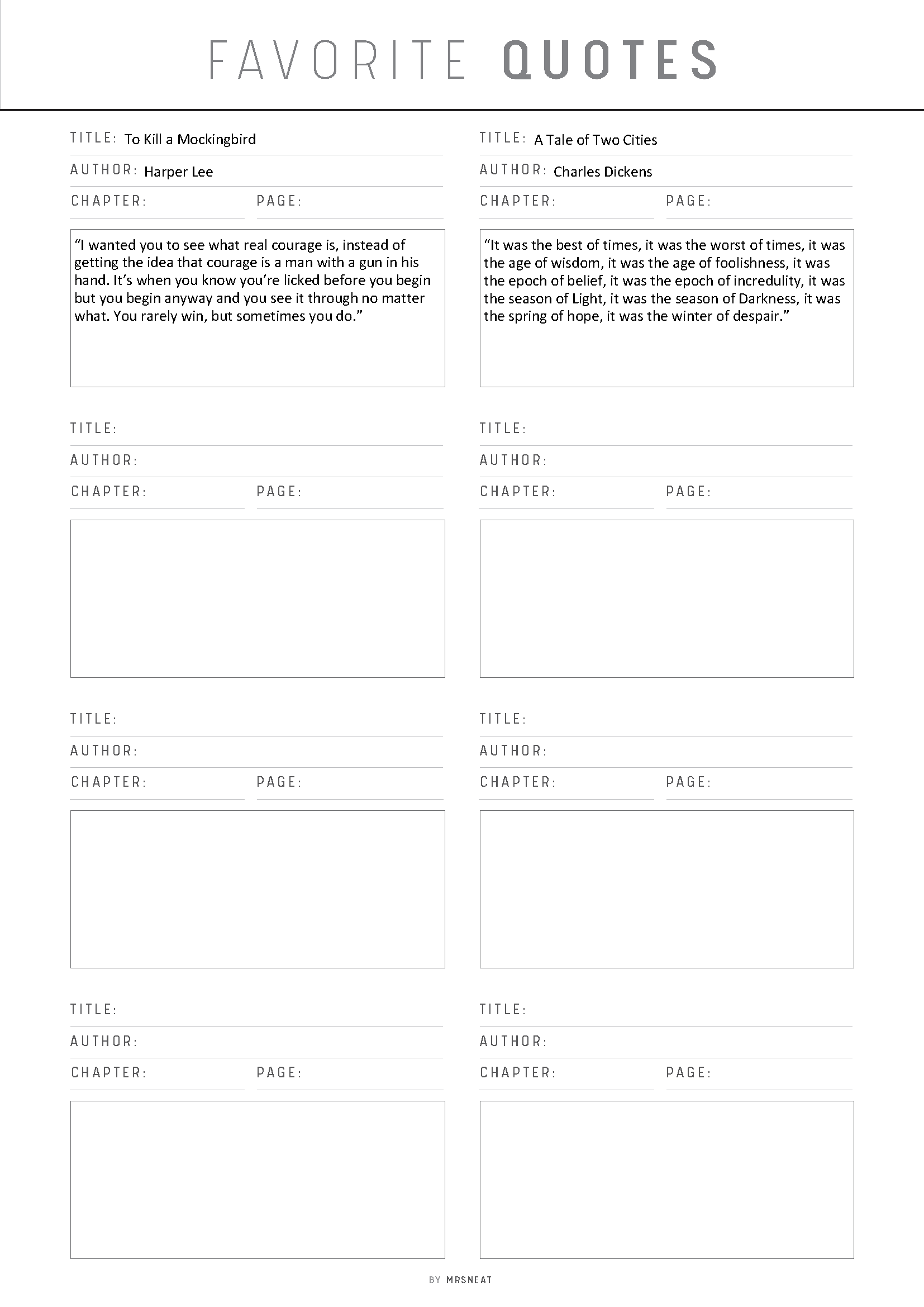 Sheet with pre-populated fields for recording favorite quotes from books.
