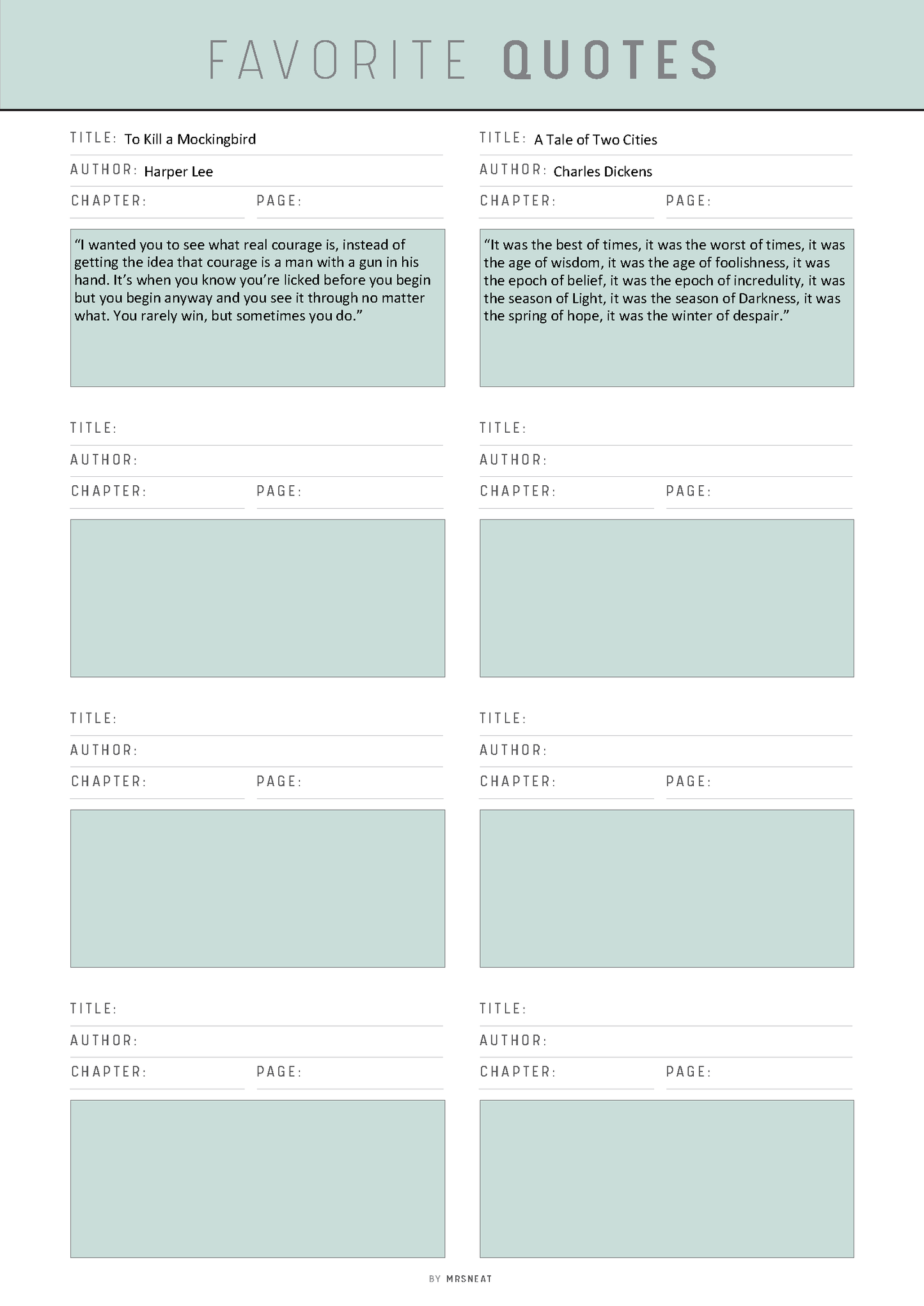 Sheet of paper with pre-printed quotes and their details on a light gray background