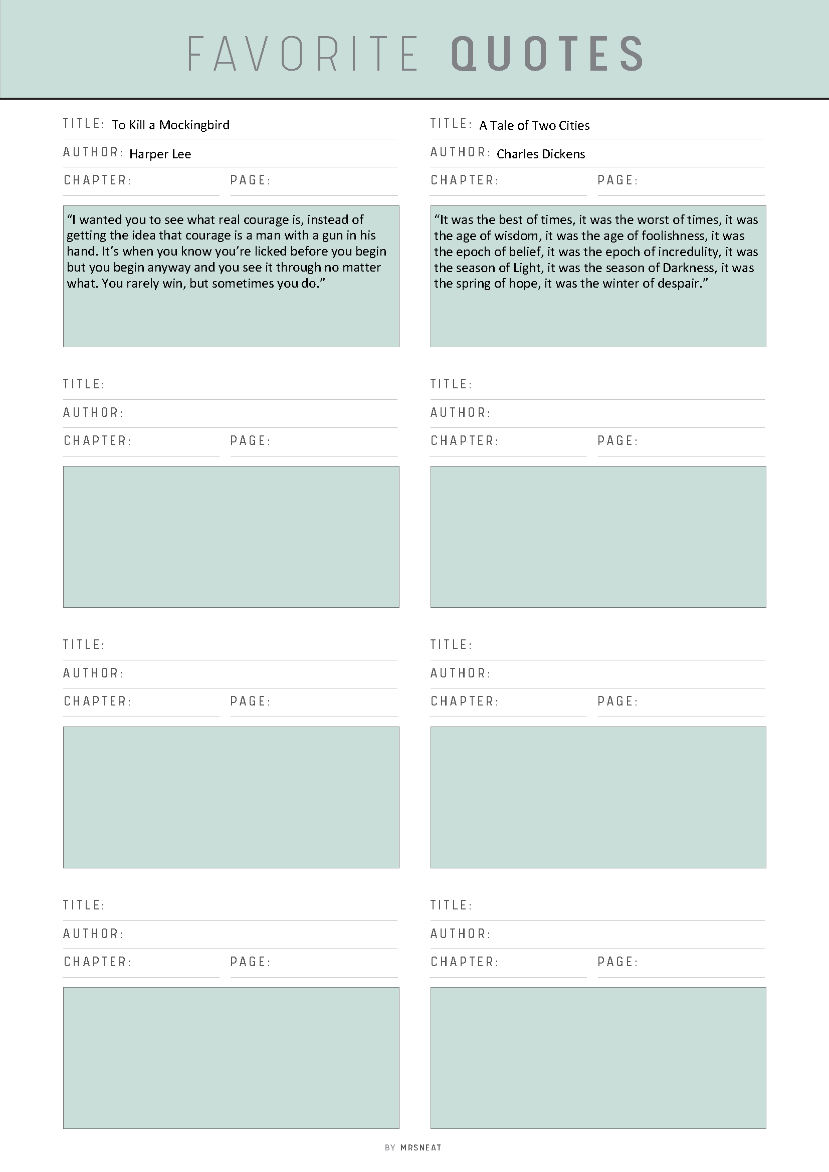 Sheet of paper with pre-printed quotes and their details on a light gray background