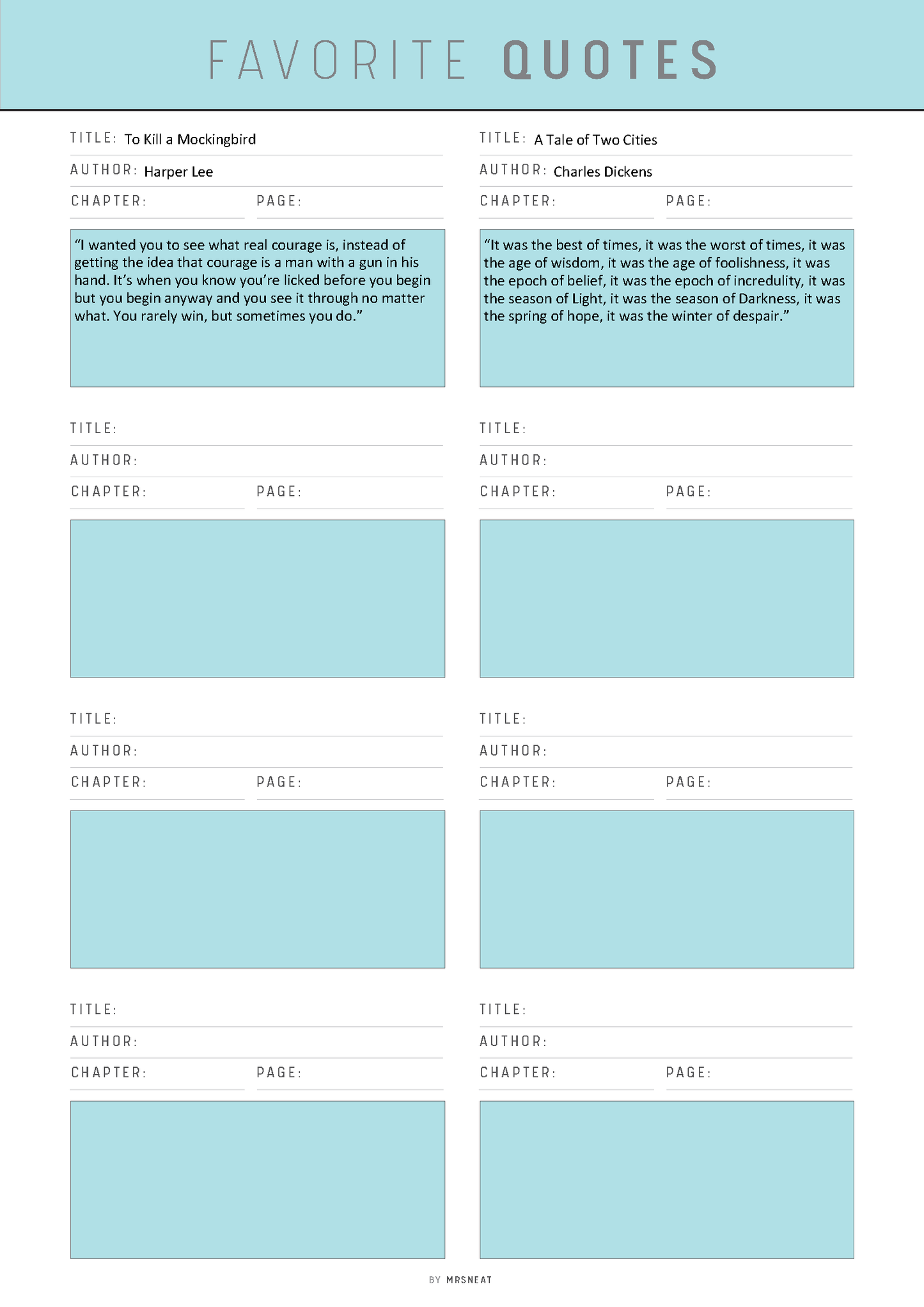 Template for recording favorite quotes with fields for title, author, chapter, and page.
