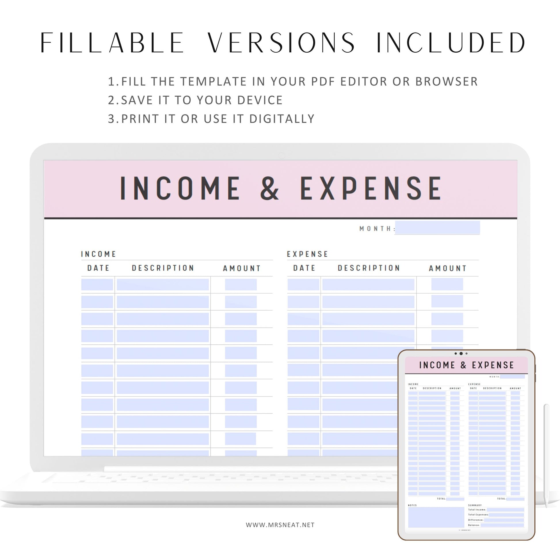 Income and Expense Tracker on One Page Printable