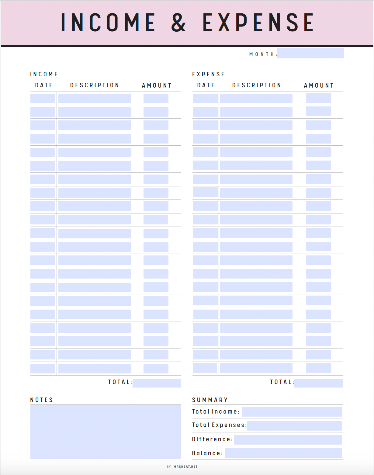 Income and Expense Tracker on One Page Printable