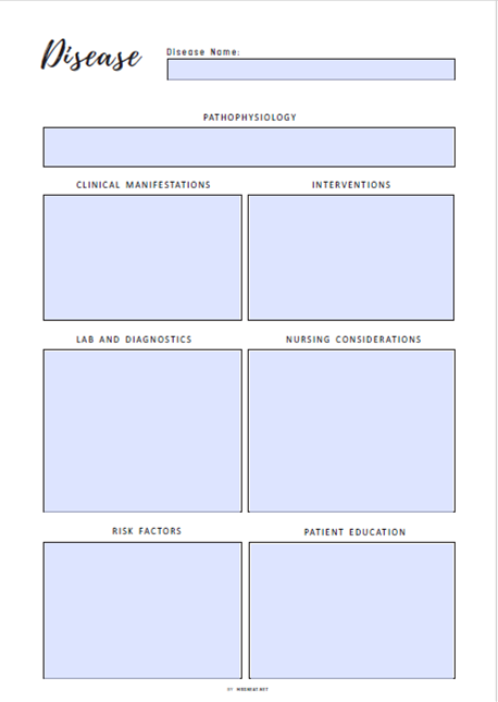 Disease Study Printable, Disease Process Template, Nursing Student Notes, PDF, 2 Colors, A4, A5, Letter, Half Letter, Fillable versions