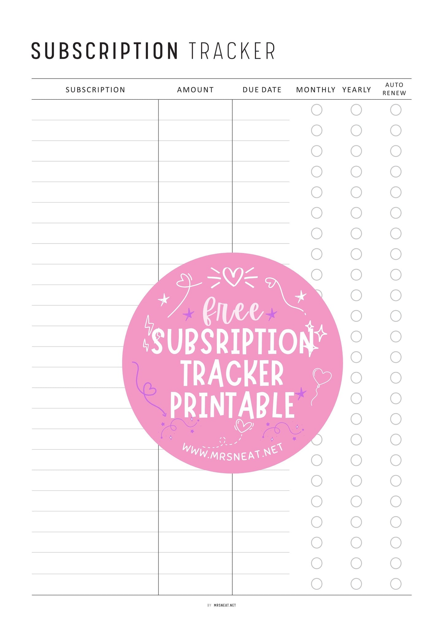 FREE Clean Minimalist Fillable Subscription Tracker Printable comes in 2 color options and 4 sizes