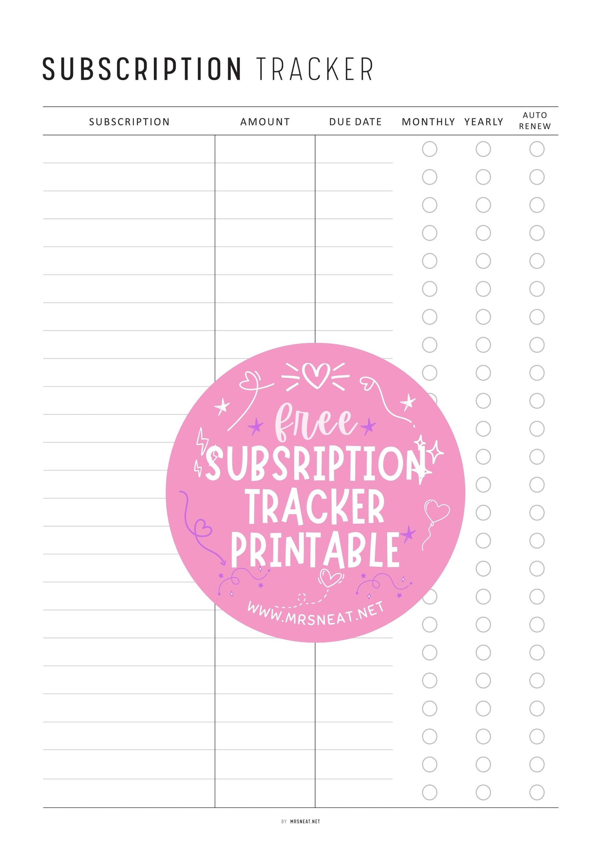 FREE Clean Minimalist Fillable Subscription Tracker Printable comes in 2 color options and 4 sizes