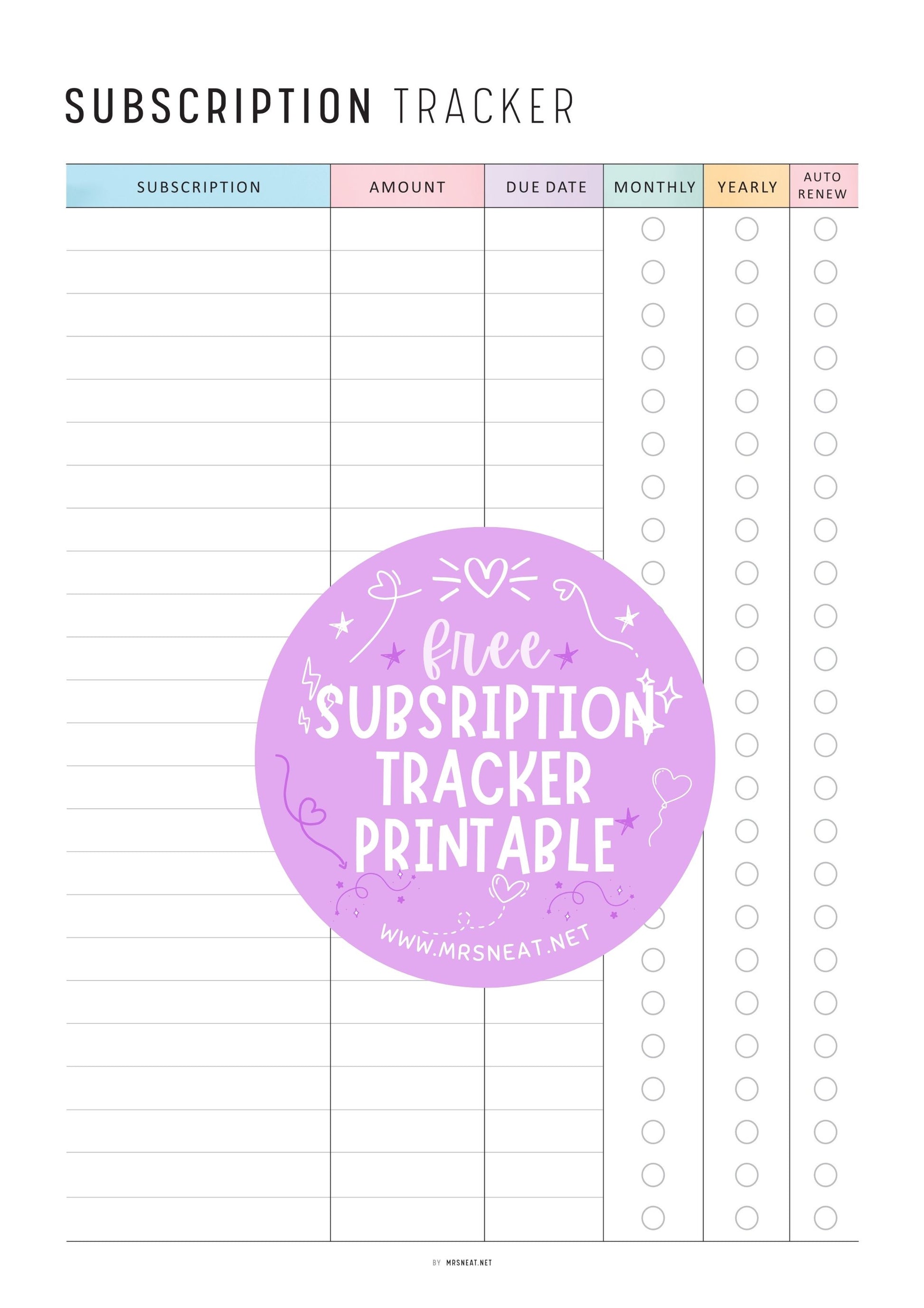FREE Kawaii Fillable Subscription Tracker Printable comes in 2 color options and 4 sizes, minimalist and colorful, A4, A5, Letter and Half Letter