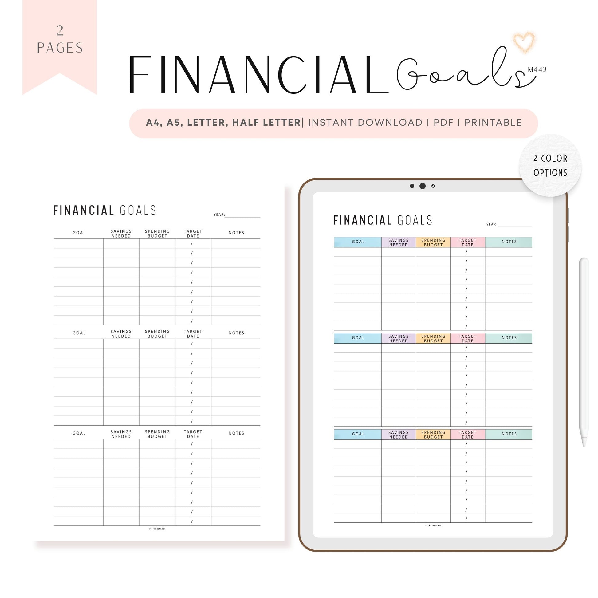 Financial Goals Printable, A4, A5, Letter, Half Letter, Minimalist and Colorful Page