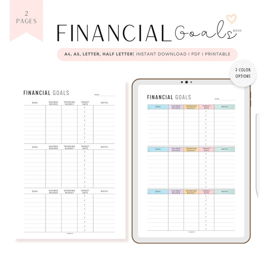 Financial Goals Printable, A4, A5, Letter, Half Letter, Minimalist and Colorful Page