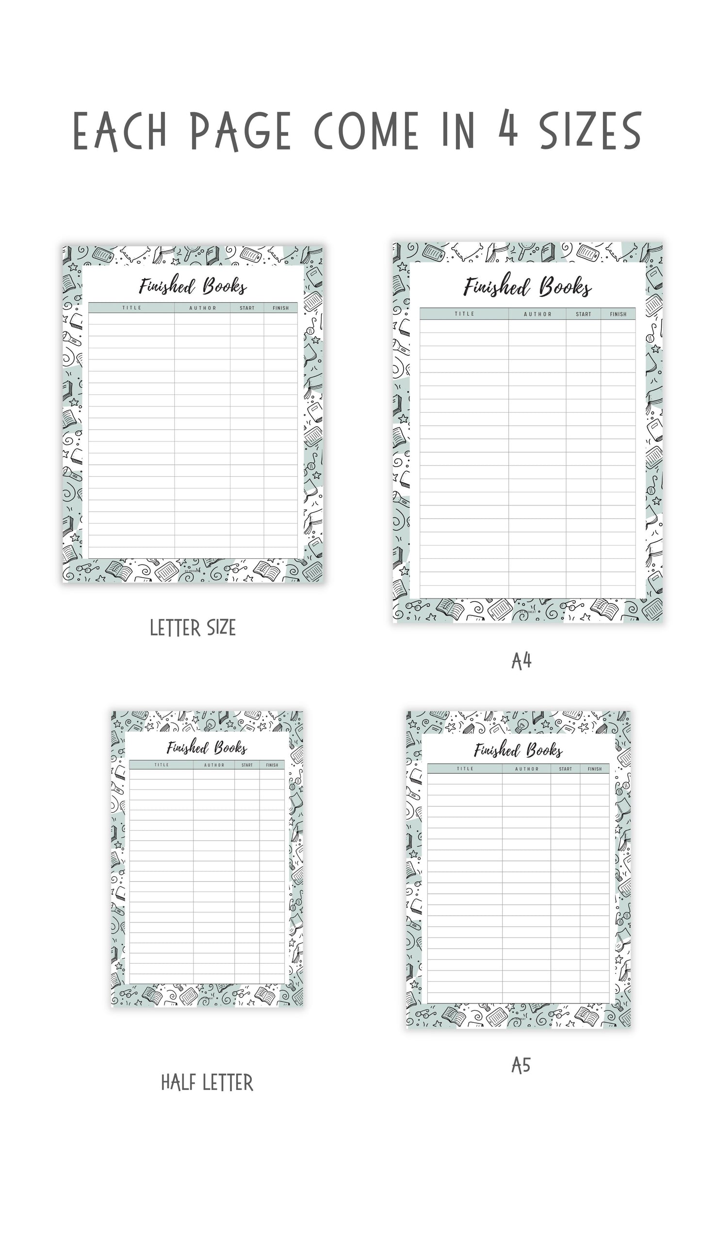 Books I Finished Template Printable, 5 colors ; Peach, Pink, Blue, Green, Neutral, 4 sizes ; A4, A5, Letter, Half Letter, Digital Planner