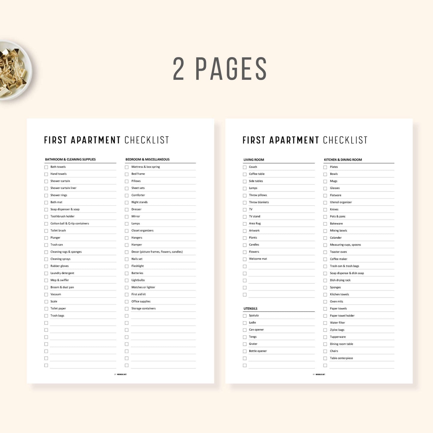 2 Pages First Apartment Essentials Checklist PDF