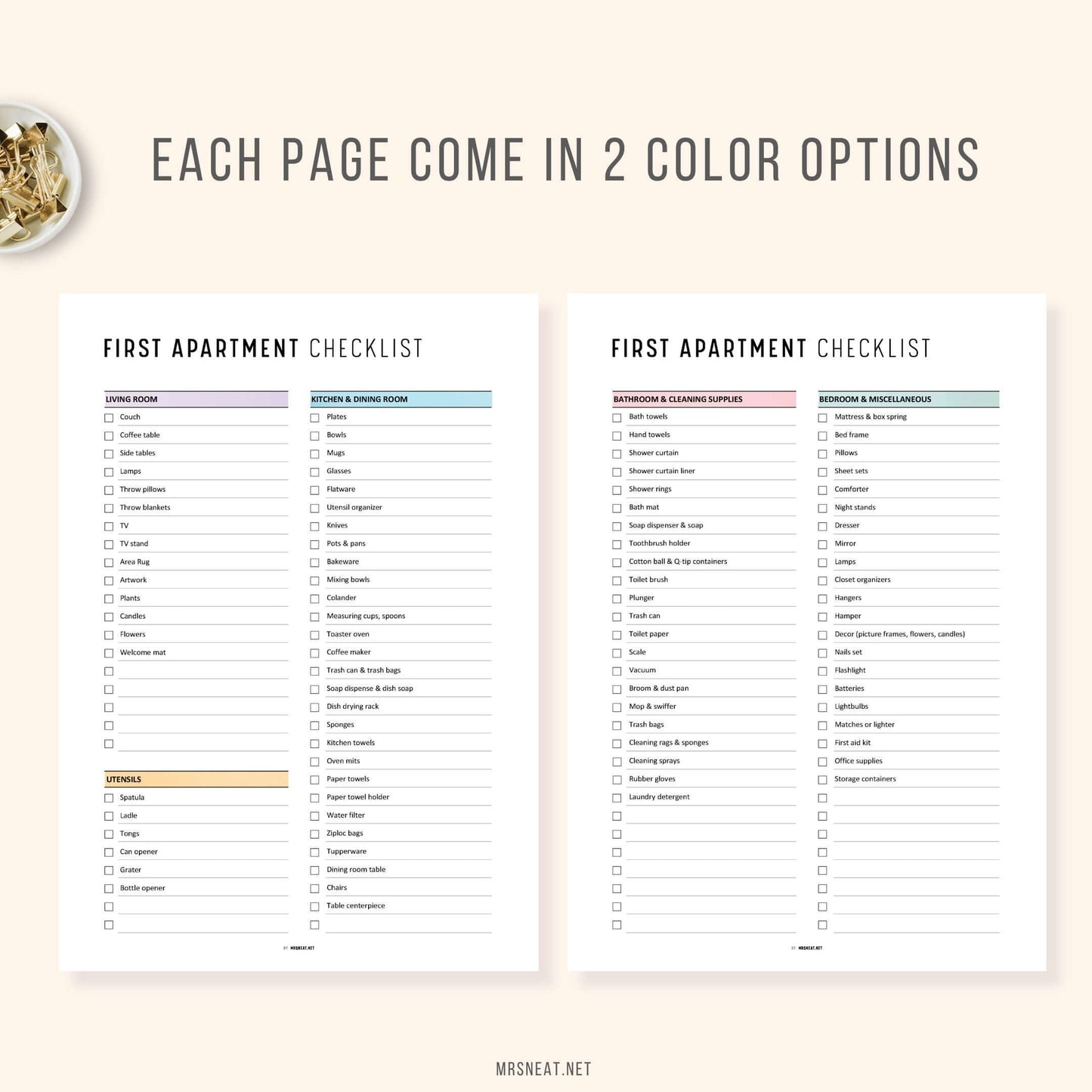 2 Pages Colorful First Apartment Essentials Checklist PDF Fillable 