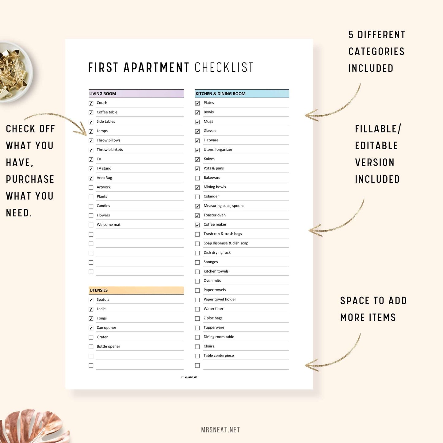 Fillable and Editable Colorful First Apartment Essentials Checklist