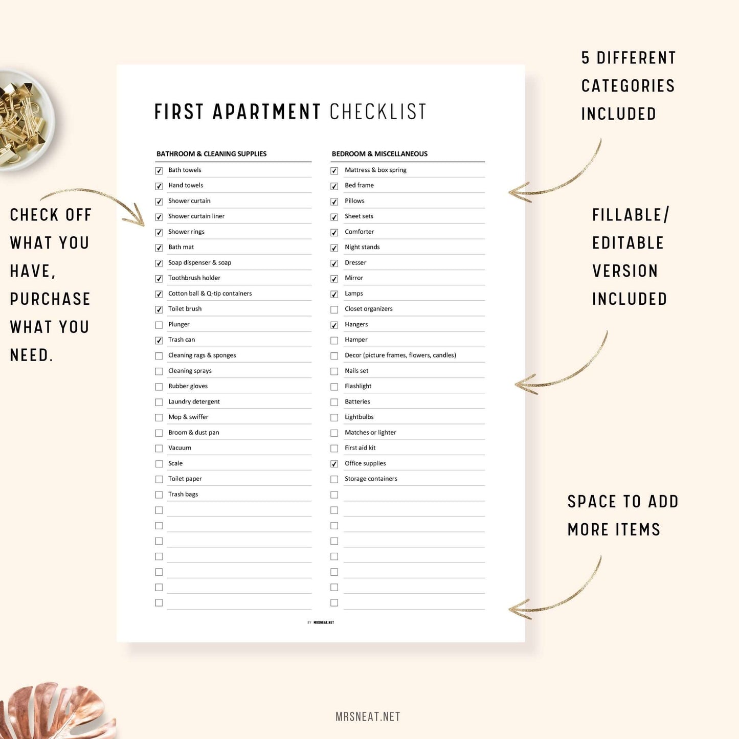 Fillable and Editable Minimalist First Apartment Essentials Checklist