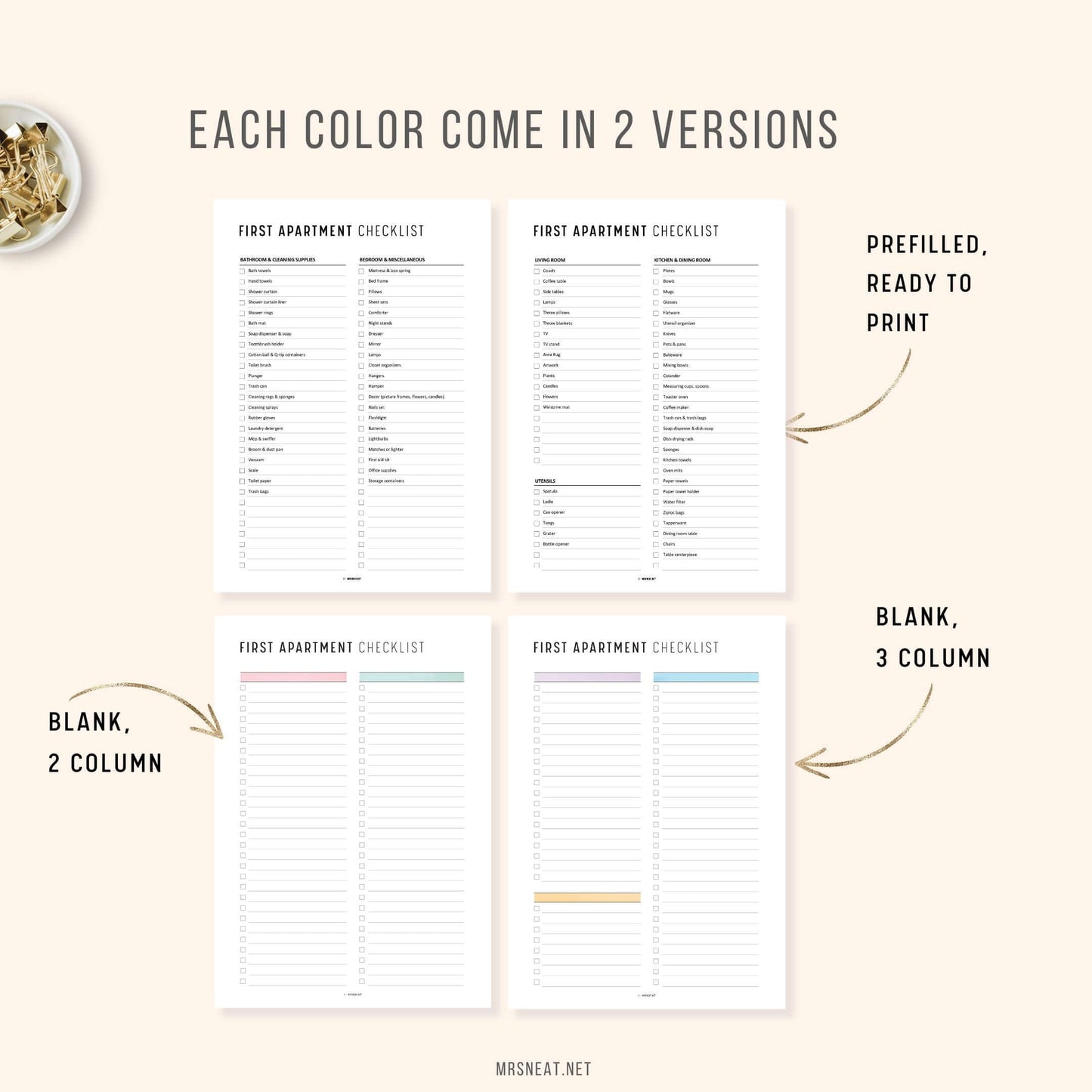 2 versions Fillable and Editable Colorful First Apartment Essentials Checklist