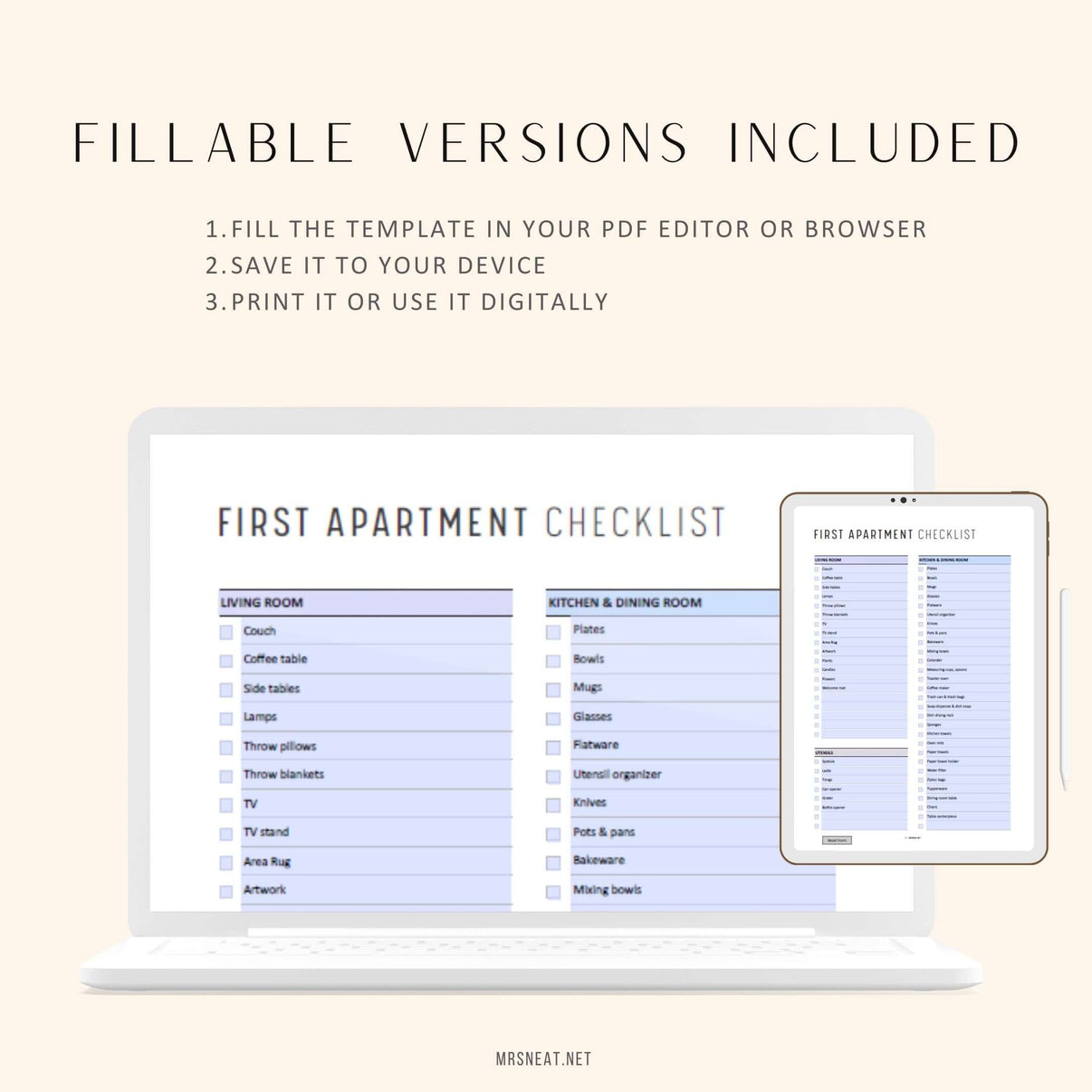 First Apartment Checklist PRINTABLE PDF M474 mrsneat