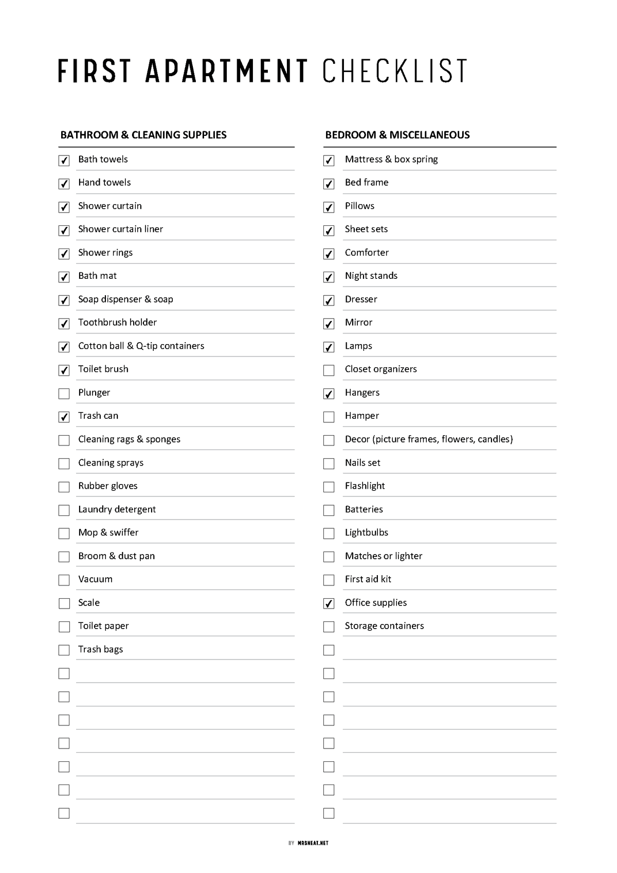 First Apartment Checklist PDF - M474 – mrsneat