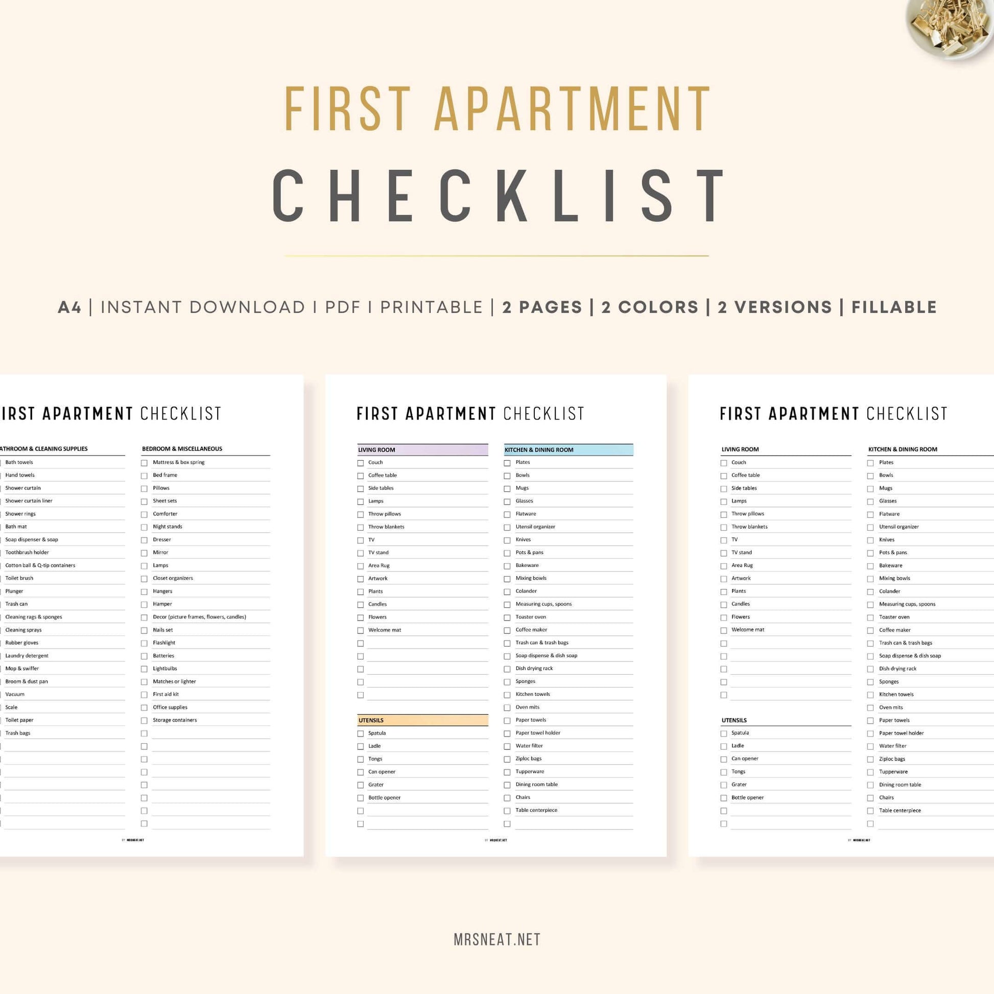 Colorful & Minimalist Fillable and Editable First Apartment Essentials Checklist PDF