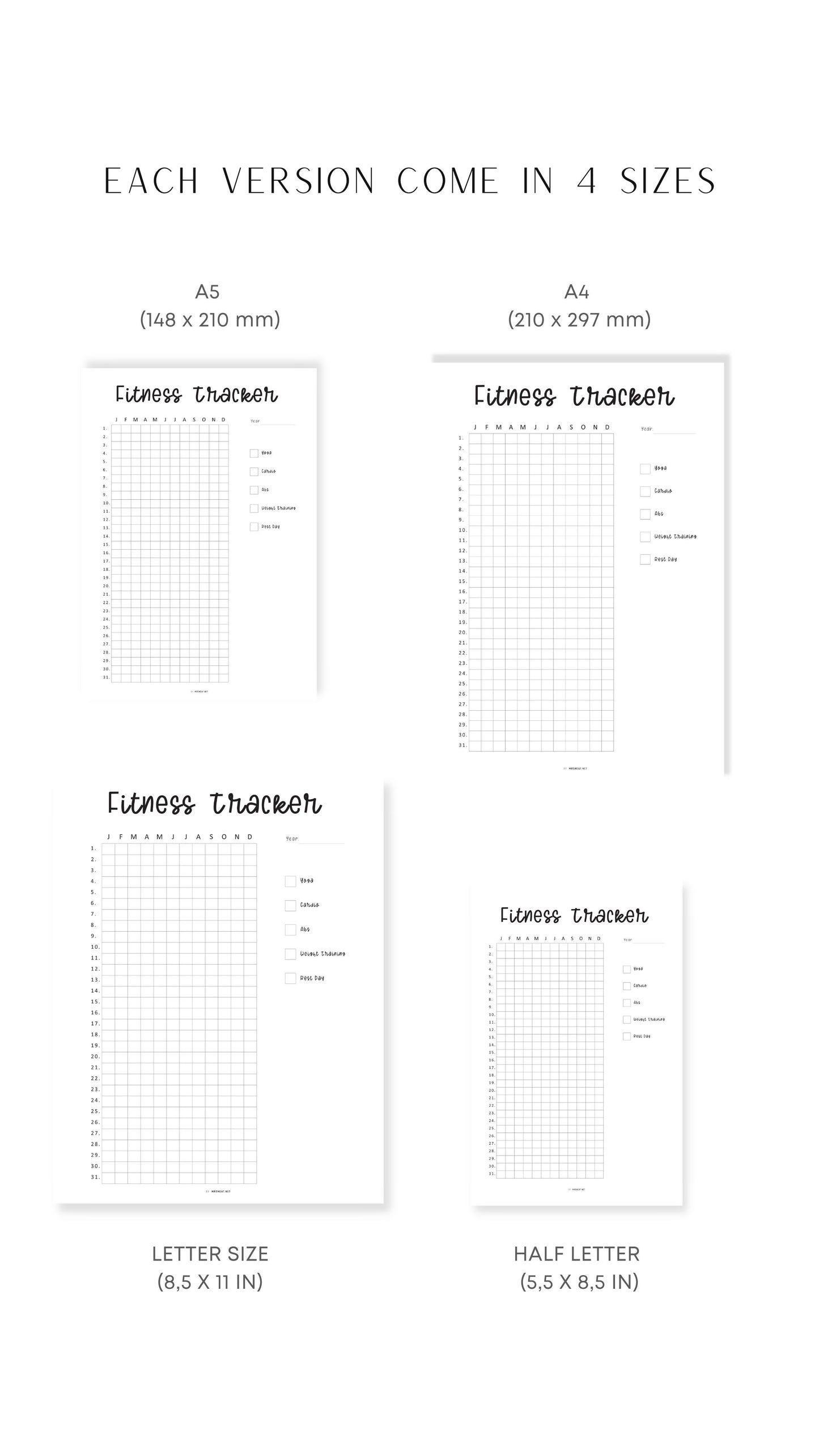 A4, A5, Letter, Half Letter One Year Fitness Tracker Template