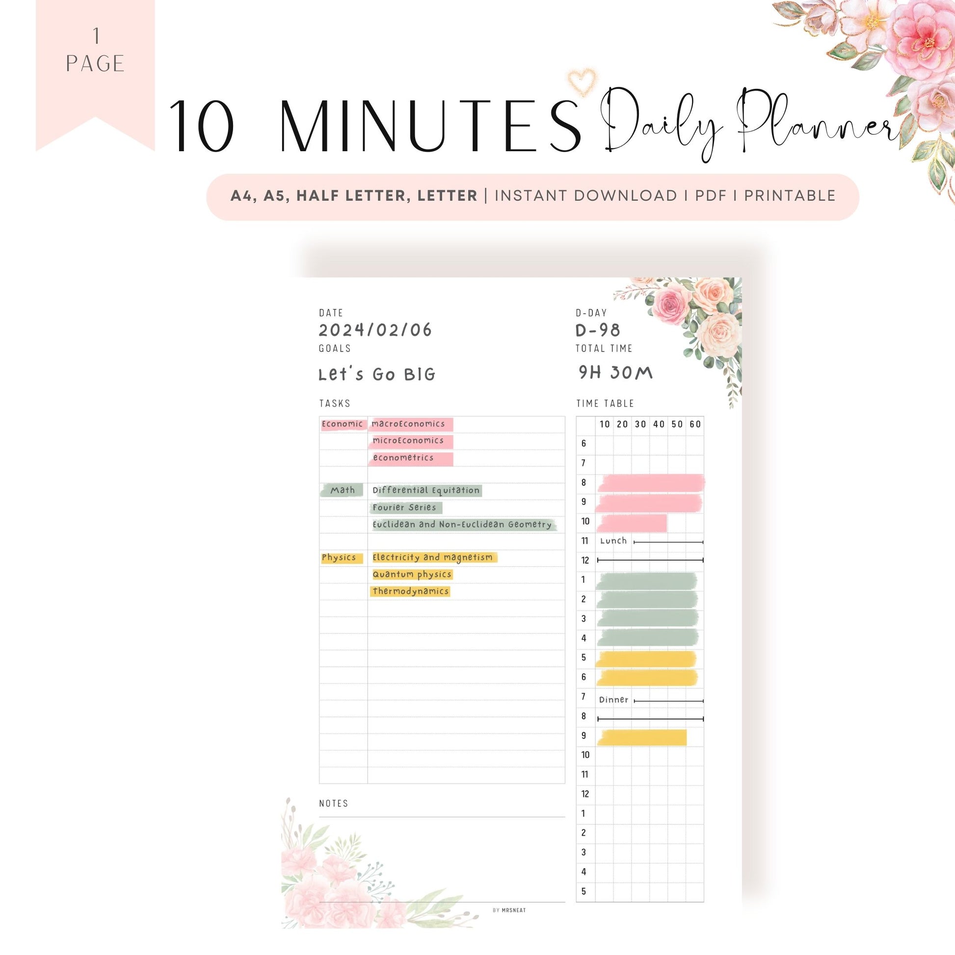 Floral 10 Minutes Daily Planner Template