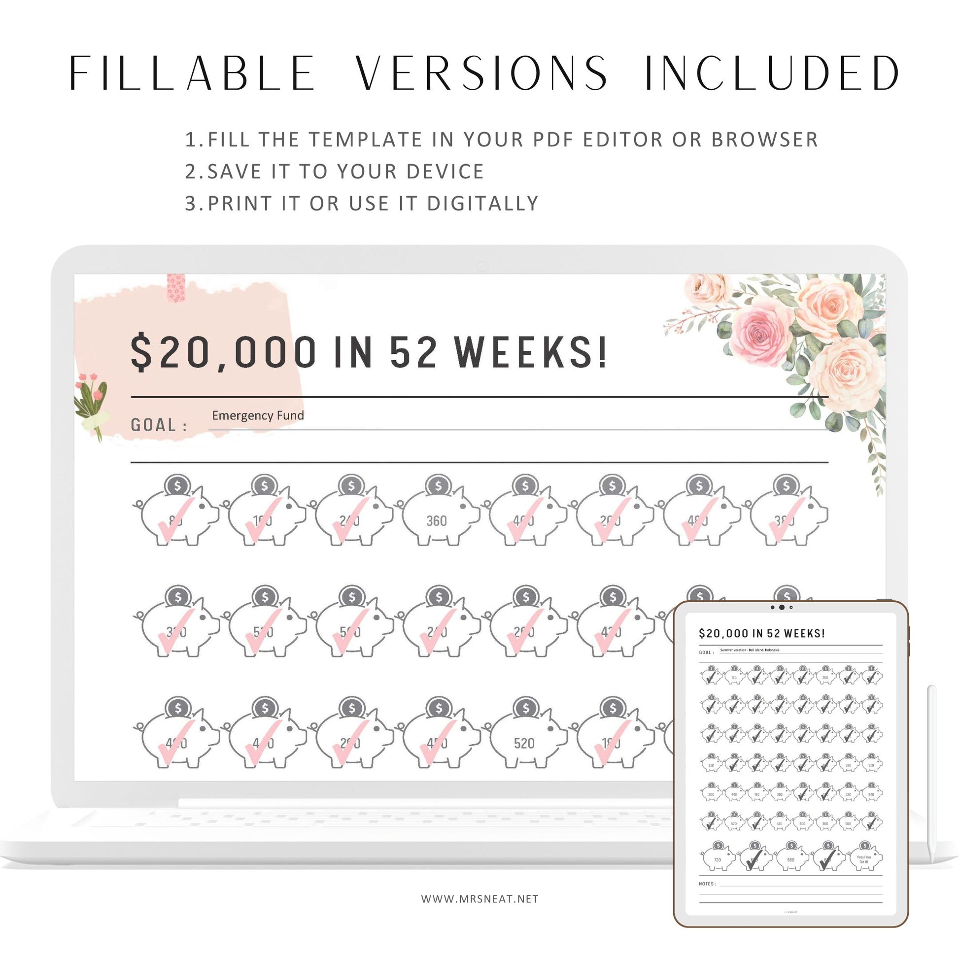 20000 Savings Challenge in 52 Weeks, Fillable 52 weeks savings challenge, Saving Tracker Printable, PDF, A4, A5, Letter, Half Letter