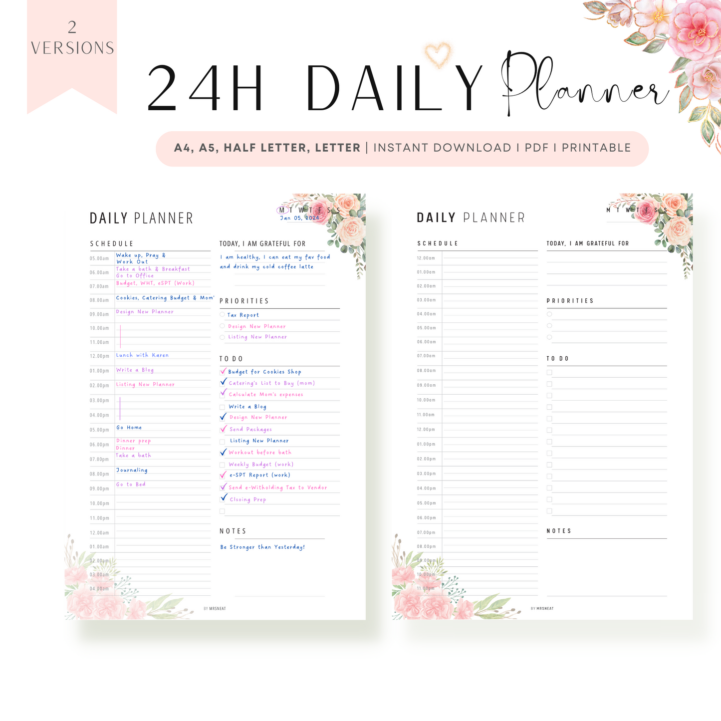 Floral 24 Hour Daily Planner Printable