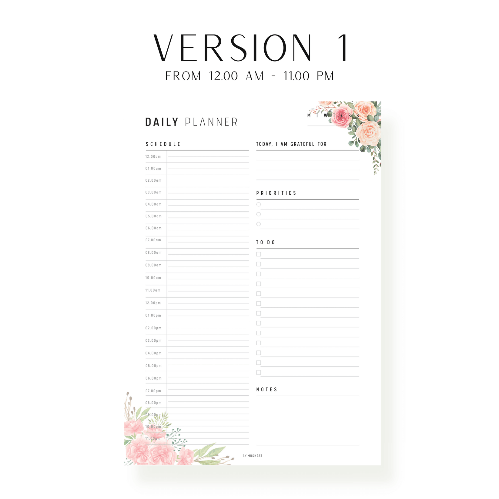 Floral 24 Hour Daily Planner Printable – mrsneat