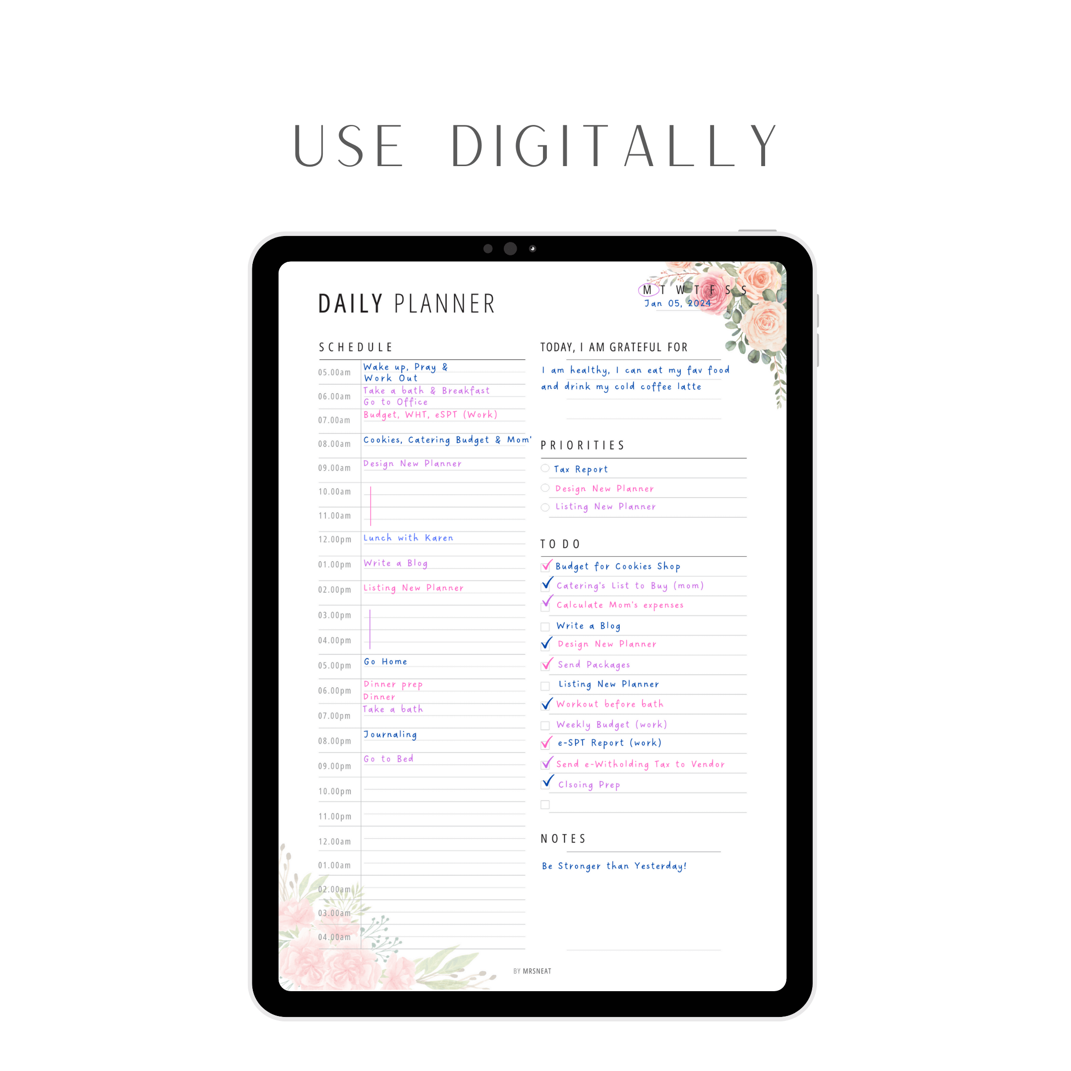 Floral 24 Hour Daily Planner Printable – mrsneat