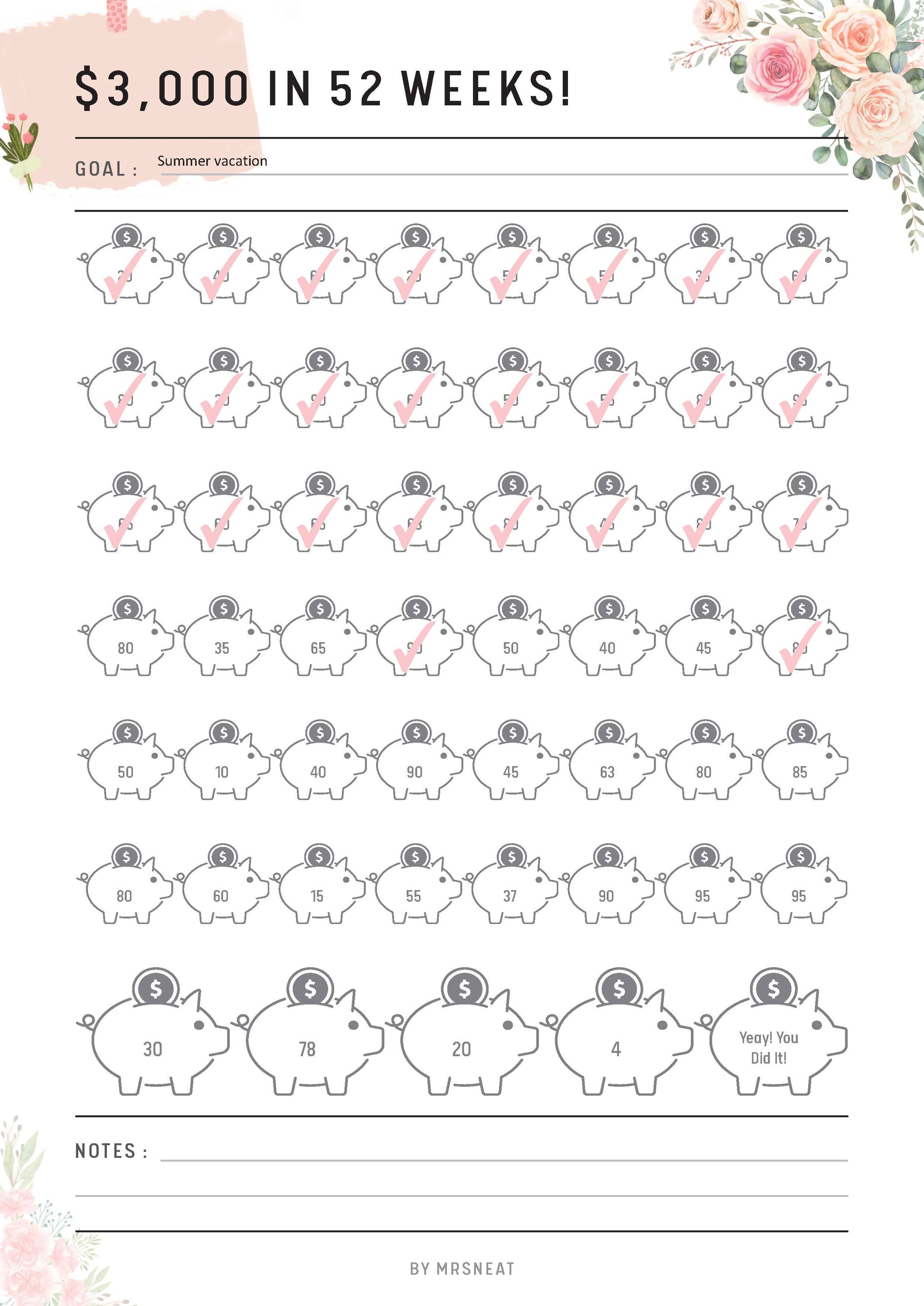 Floral 3000 Saving Challenge in 52 Weeks, Fillable savings challenge, Piggy Bank Template Printable, PDF, A4, Letter, Half Letter, A5