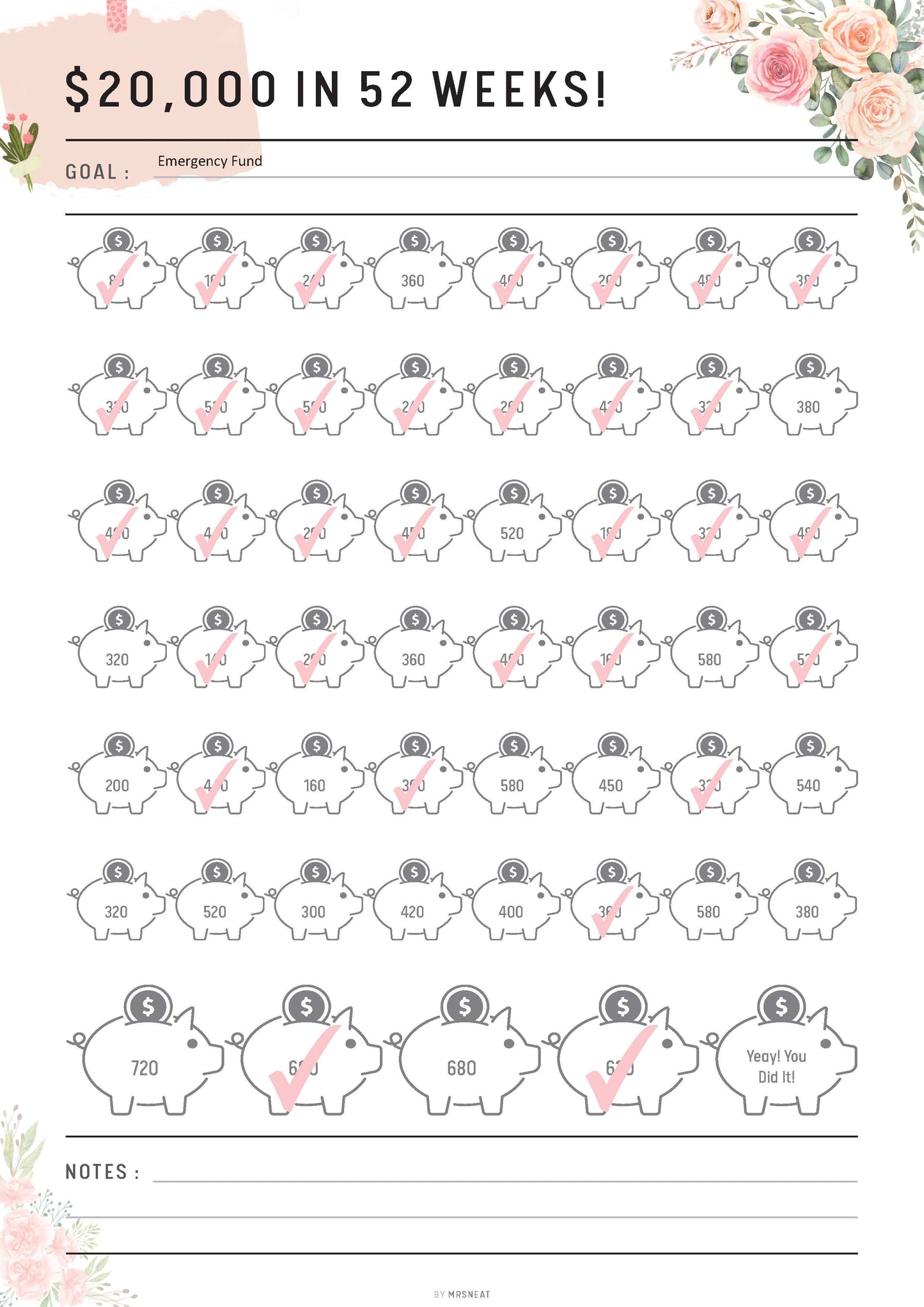 20000 Savings Challenge in 52 Weeks, Fillable 52 weeks savings challenge, Saving Tracker Printable, PDF, A4, A5, Letter, Half Letter