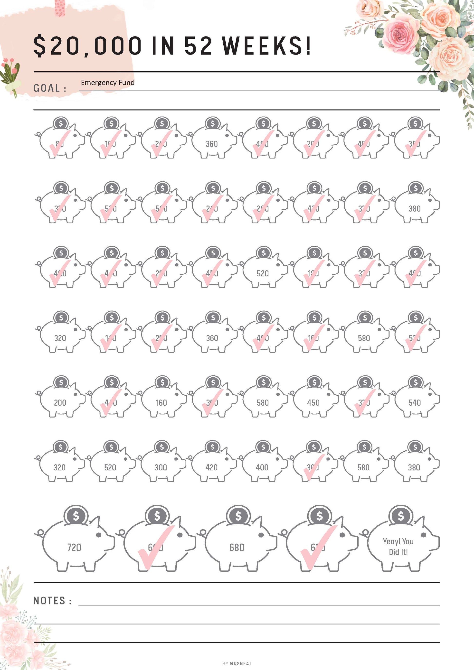 20000 Savings Challenge in 52 Weeks, Fillable 52 weeks savings challenge, Saving Tracker Printable, PDF, A4, A5, Letter, Half Letter