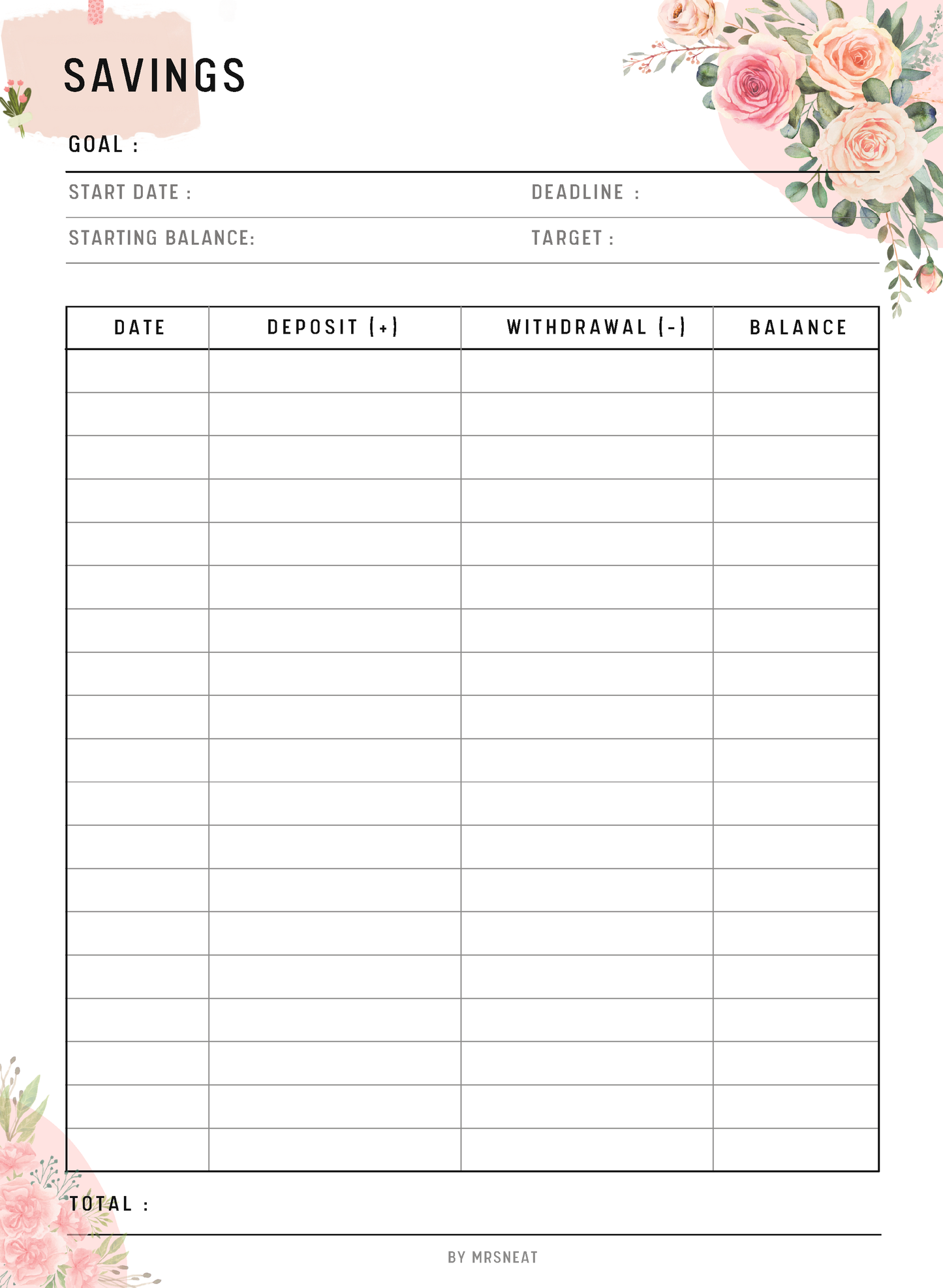 Savings tracker with floral design on a white background