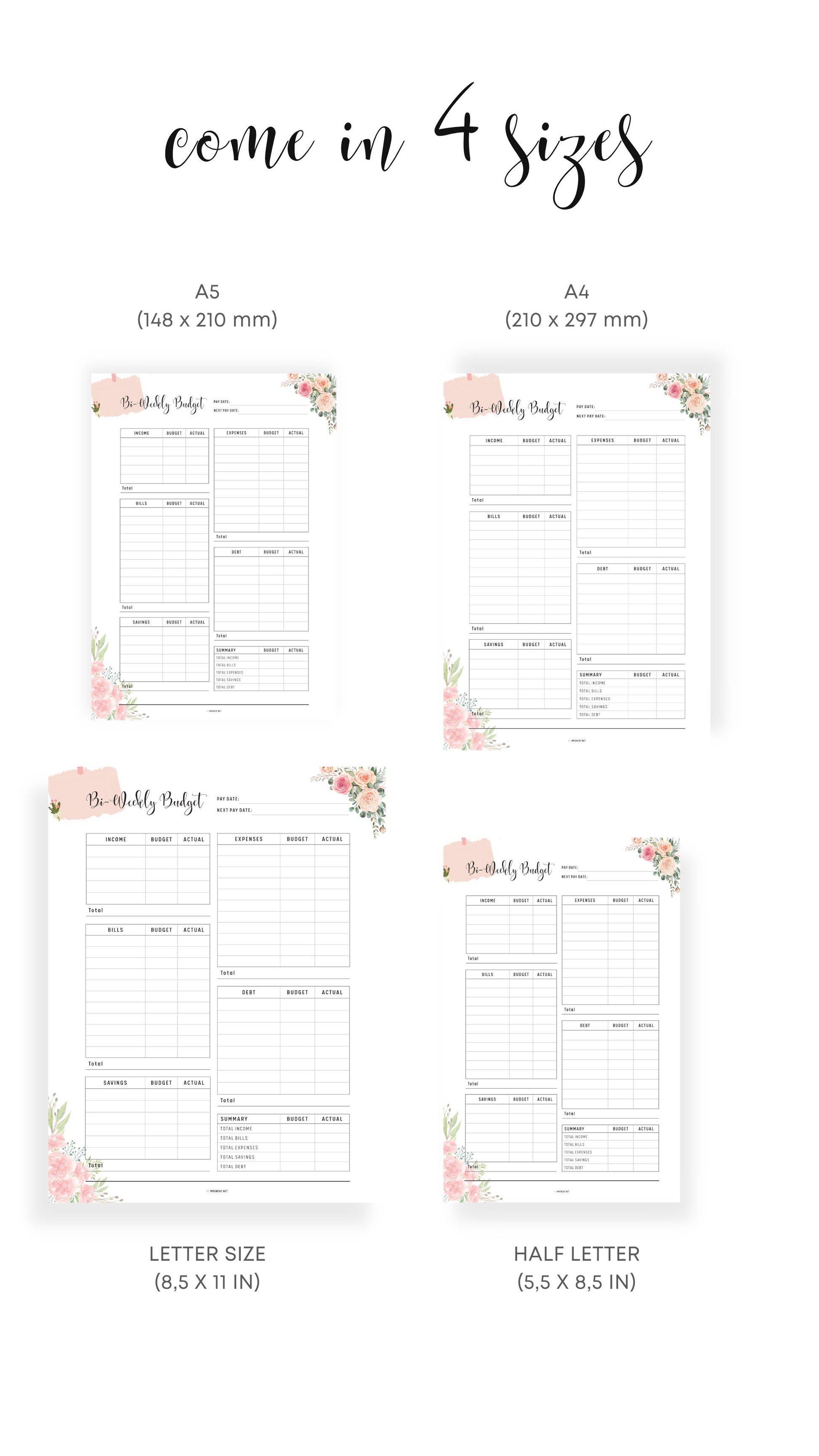 A4, A5, Letter, Half Letter Floral Bi-Weekly Budget Template Printable