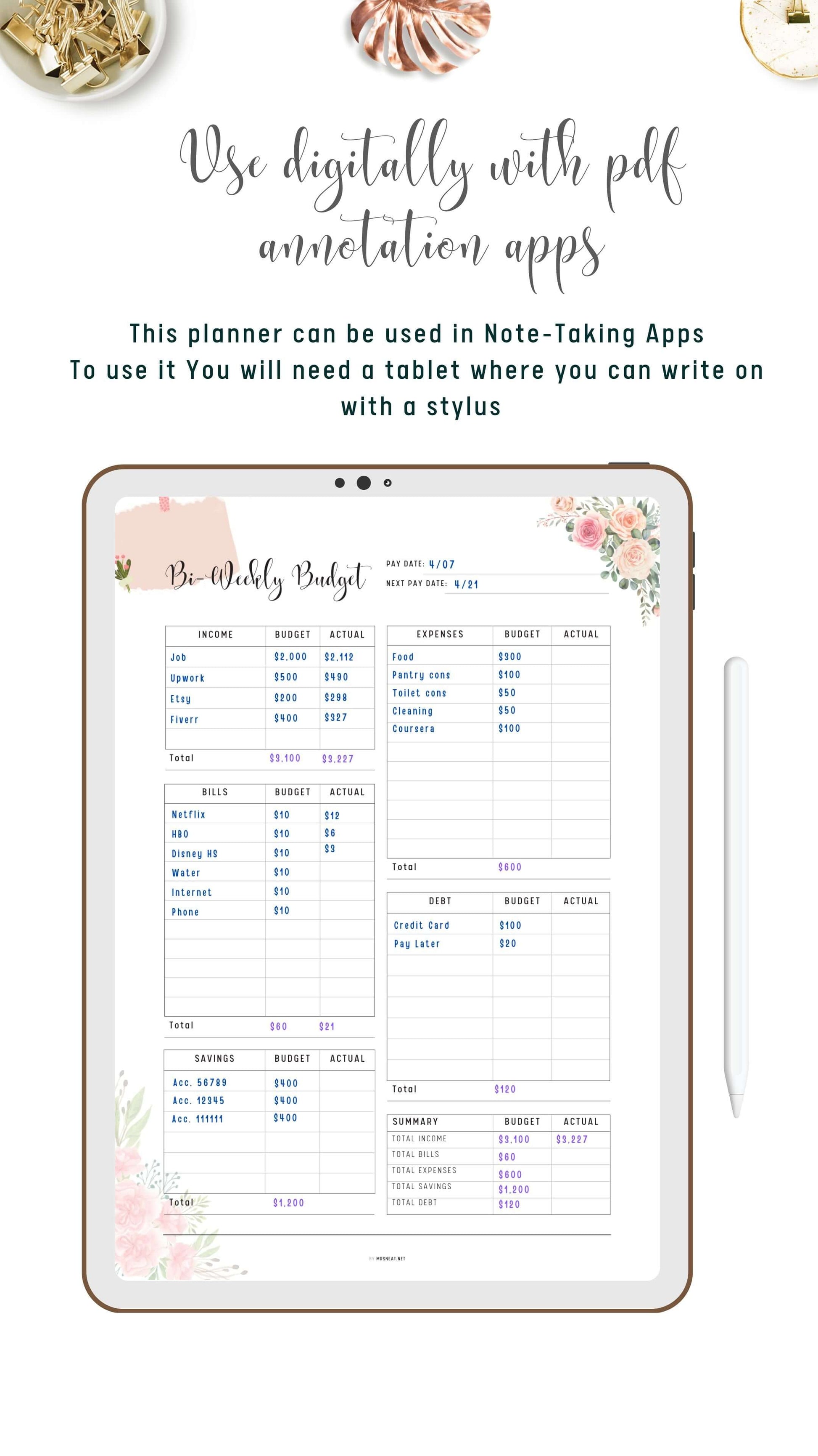 Digital Floral Bi-Weekly Budget Template PDF