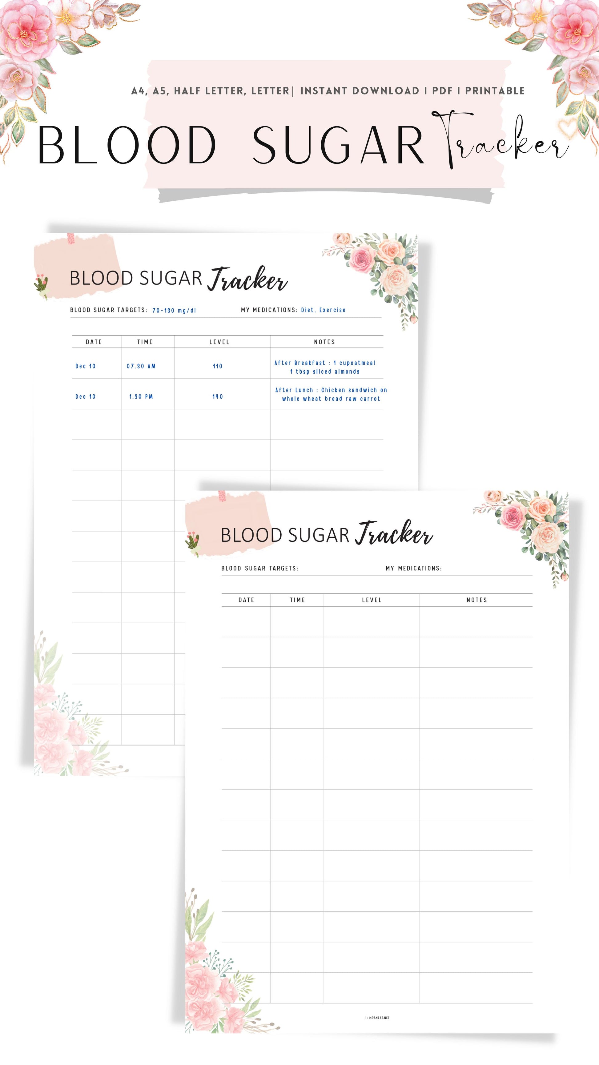 Printable Floral Blood Sugar Tracker Template