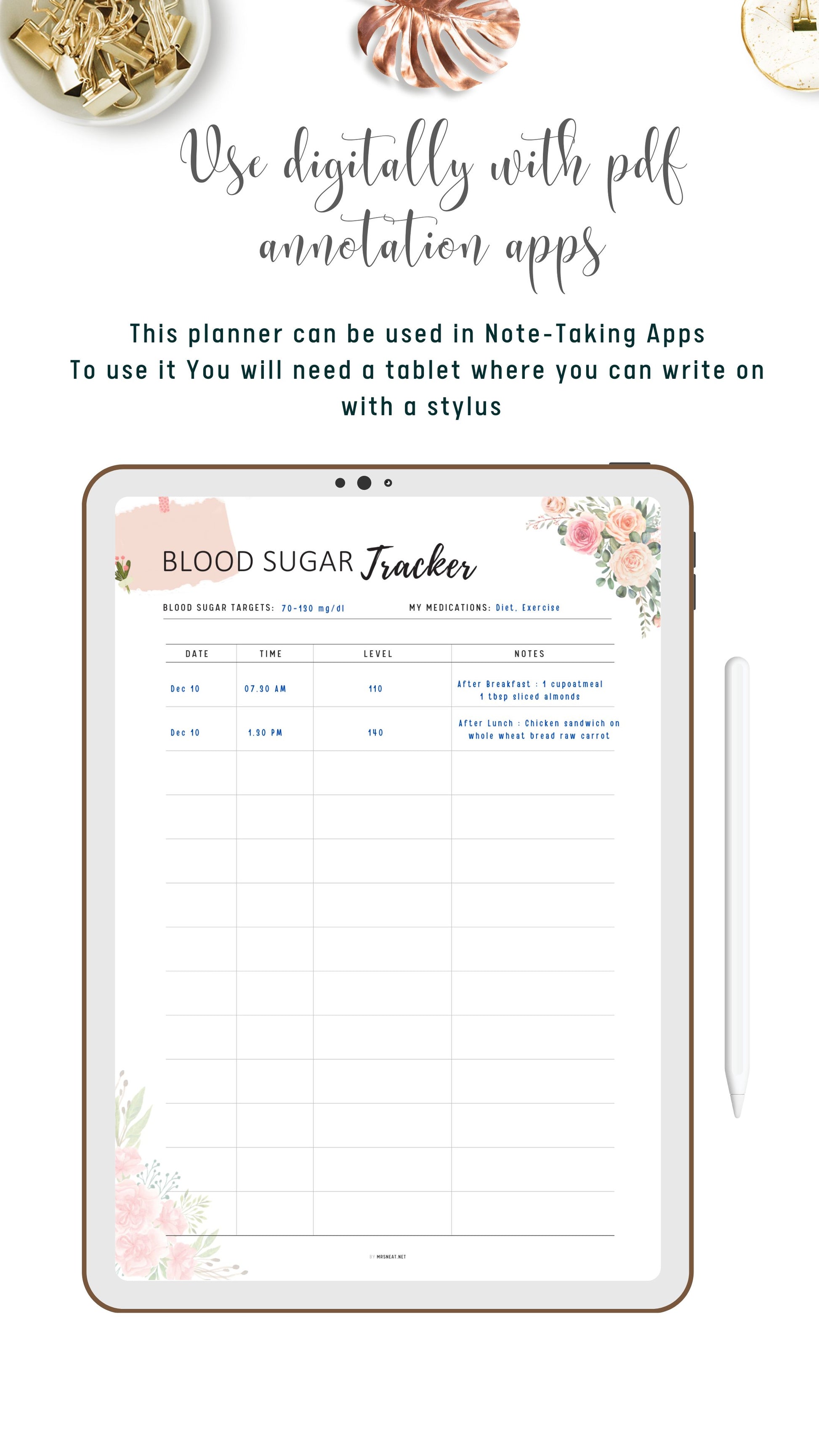 Digital Floral Blood Sugar Tracker Template