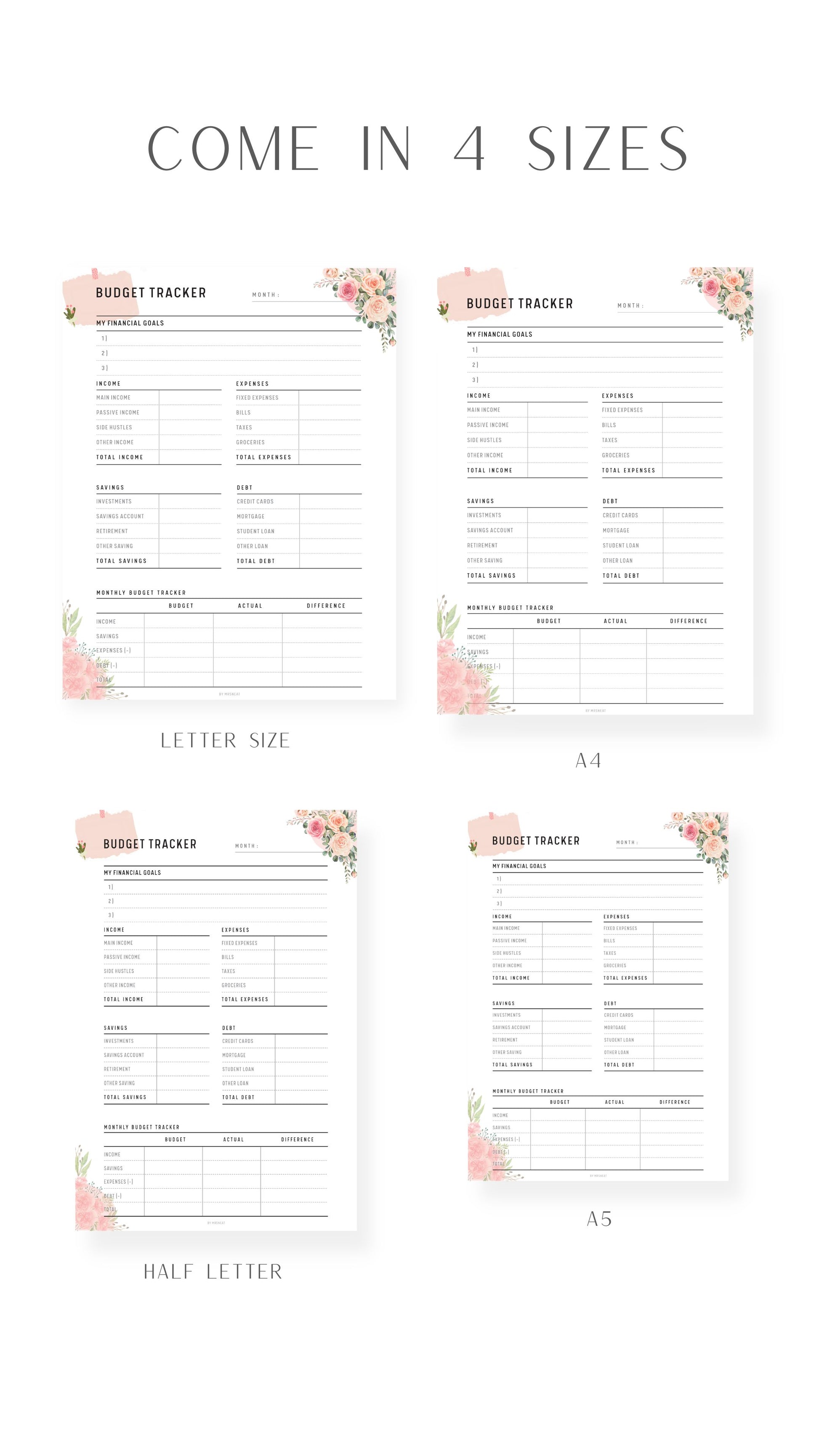 A4, A5, Letter, Half Letter Floral Budget Tracker Printable